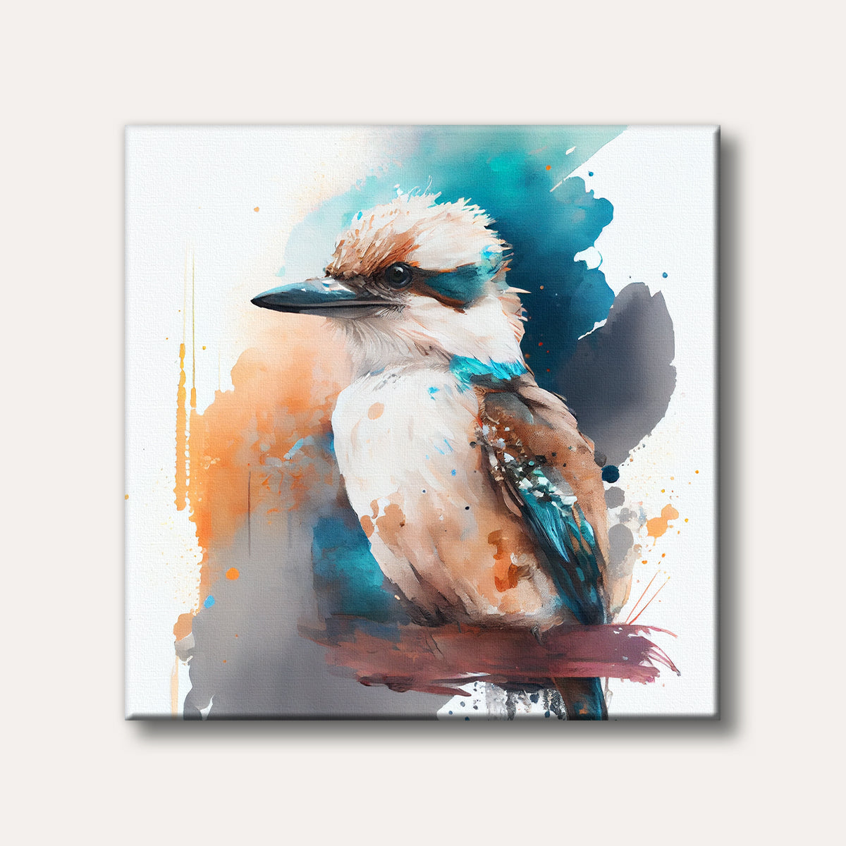 A vibrant watercolour painting of a kookaburra with a white chest and blue-brown wings, set against a background of expressive blue, orange, and gray abstract splashes.