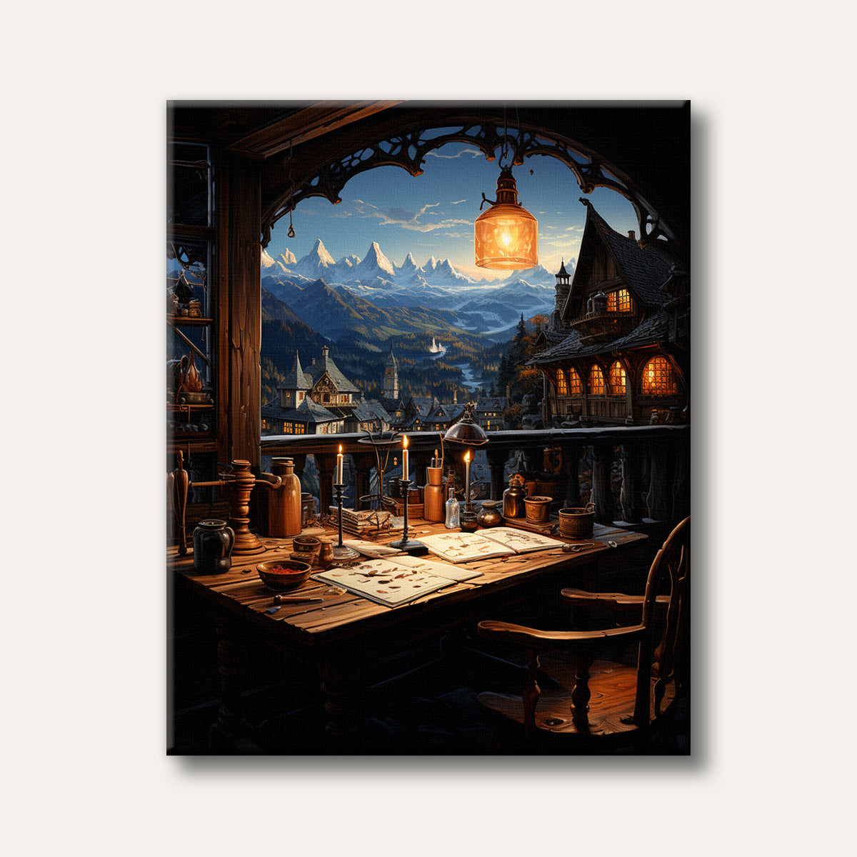 A detailed illustration of a cozy alchemist or scholar's study with a wooden desk full of antique tools, bottles, and open books, viewed from a window overlooking a fantastical village and towering snow-capped mountains under a twilight sky.