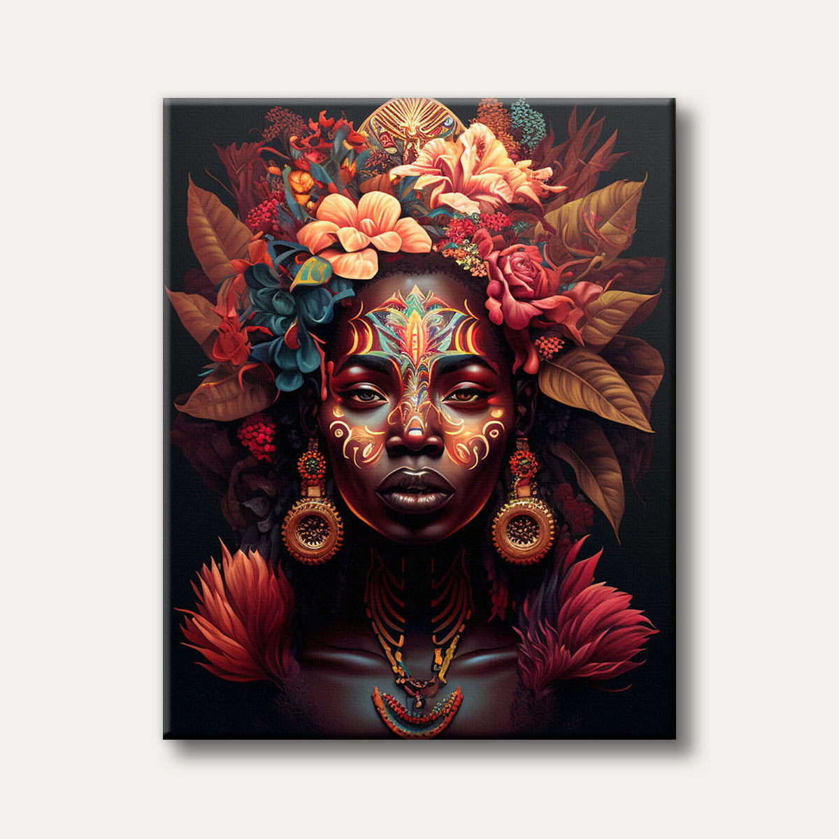 A captivating portrait of a woman adorned with vibrant floral and feather headdress and intricate, glowing face paint, rendered in a detailed artistic style.