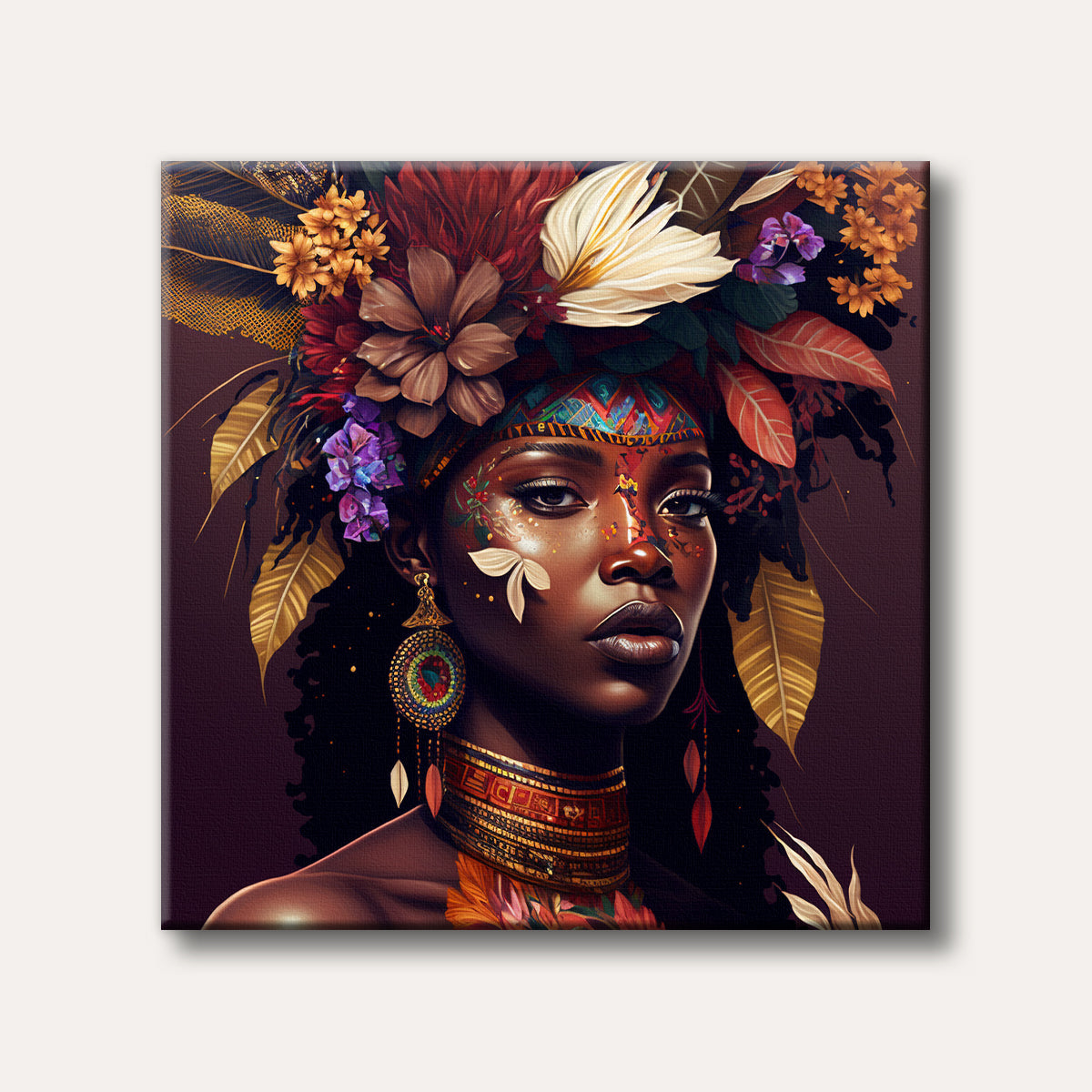 A striking portrait of a woman with dark skin wearing an elaborate floral and feathered headdress, intricate face paint, and golden jewelry, depicted in a highly detailed and stylized realistic art style.