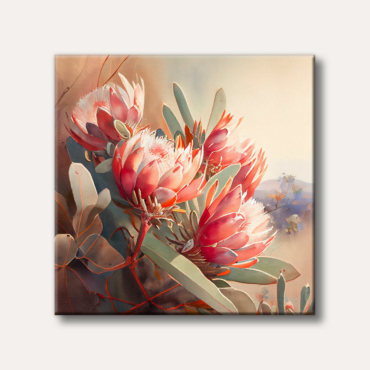 A vibrant watercolour painting depicting several red and pink Protea flowers with green leaves against a warm, muted background, rendered in a loose, artistic style.