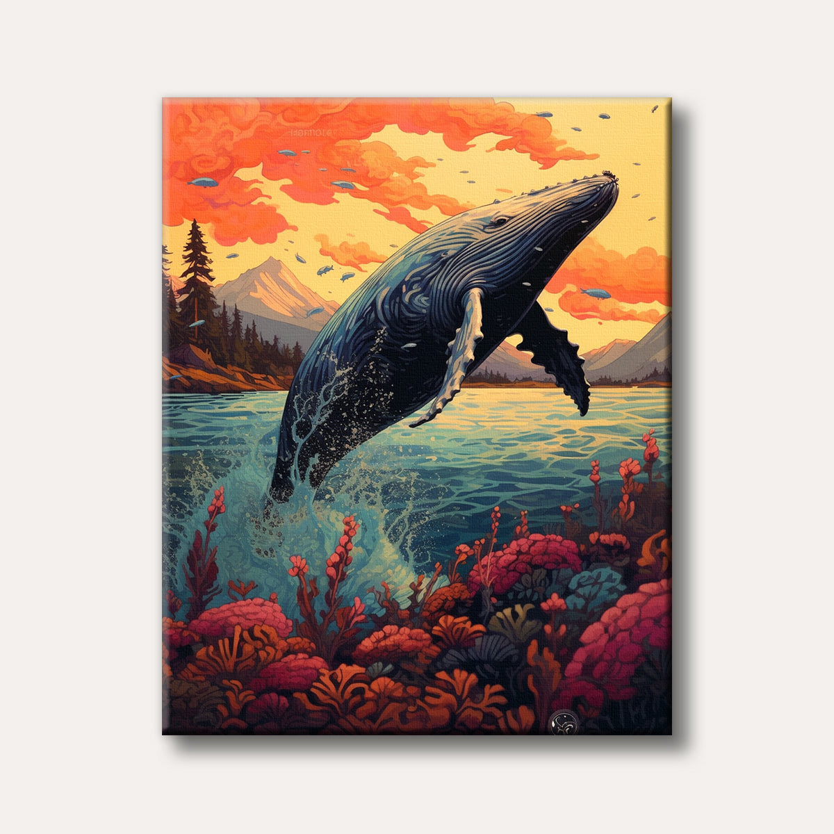 A majestic blue whale breaches from the water amidst vibrant red underwater flora, under an orange and yellow sky with small flying fish, rendered in a striking illustrative style.