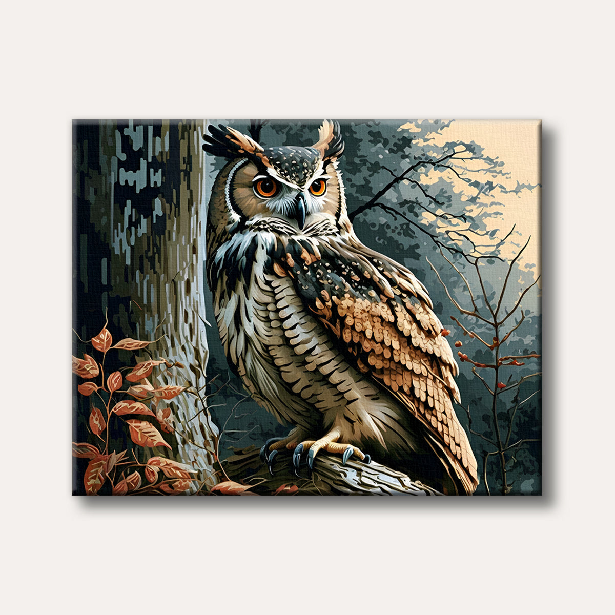 A large, wise-looking owl with bright orange eyes perches on a bare tree branch in a stylized forest setting, rendered with clear, bold lines and a natural colour palette.