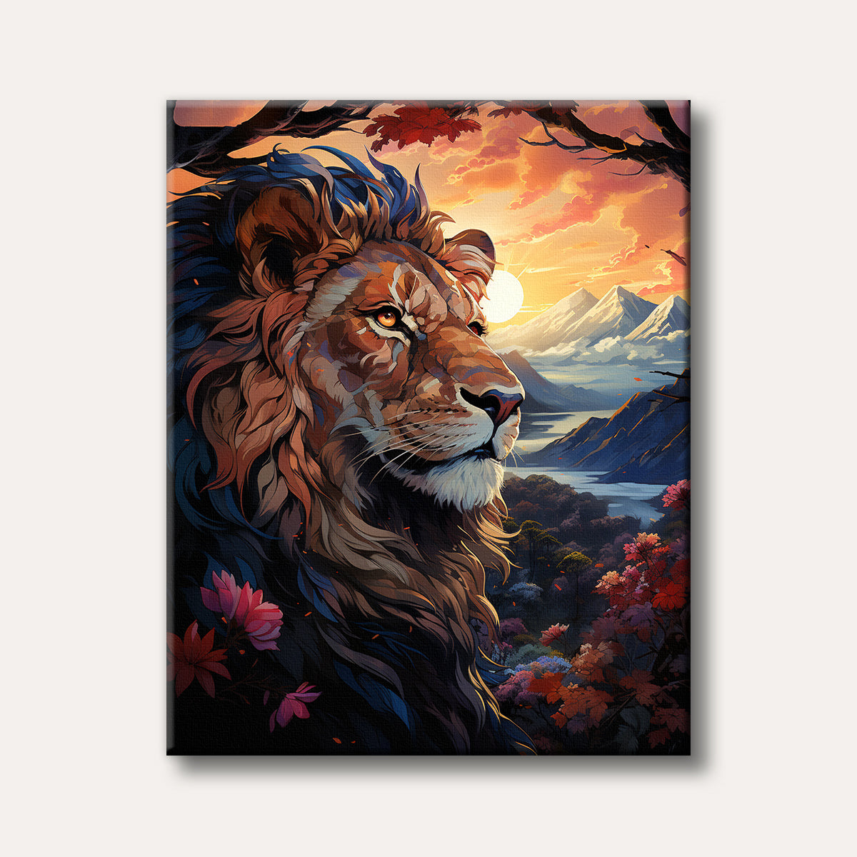 A stylized painting of a majestic lion's head gazing towards a vibrant sunrise over a scenic mountain landscape with a river and colourful trees.