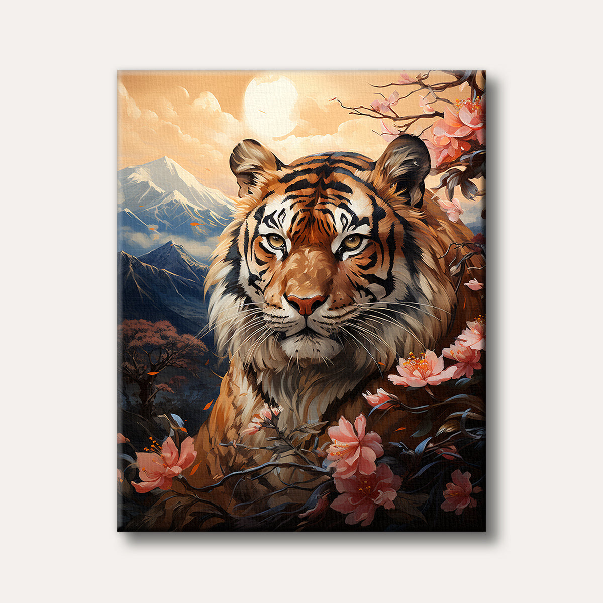 A majestic tiger with striking stripes gazes forward, surrounded by soft pink cherry blossoms, with snow-capped mountains and a warm, glowing sun in the background, depicted in a detailed painterly style.