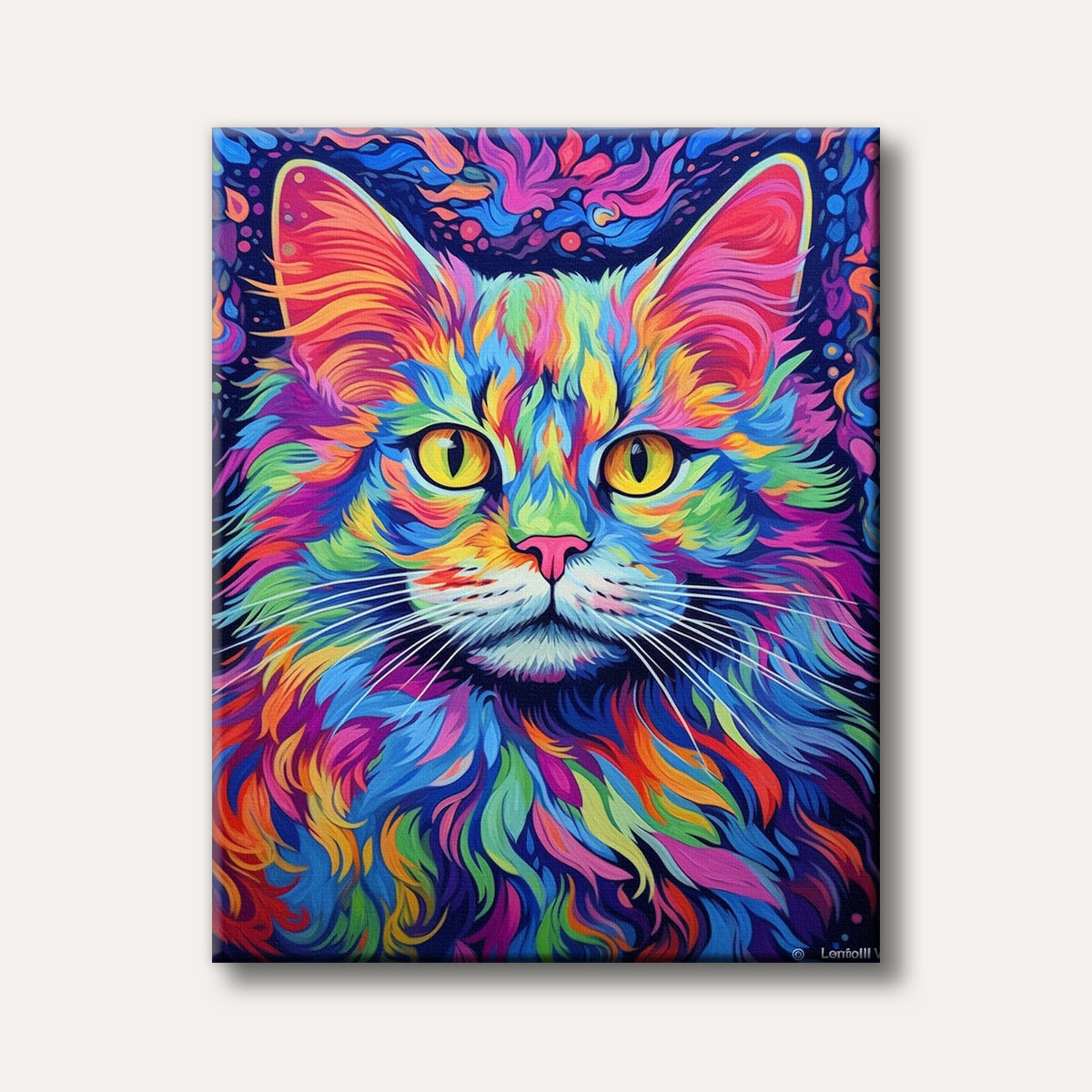 A vibrant, psychedelic portrait of a cat with fur painted in a multitude of bright, flowing rainbow colours, set against a dark, abstract background.