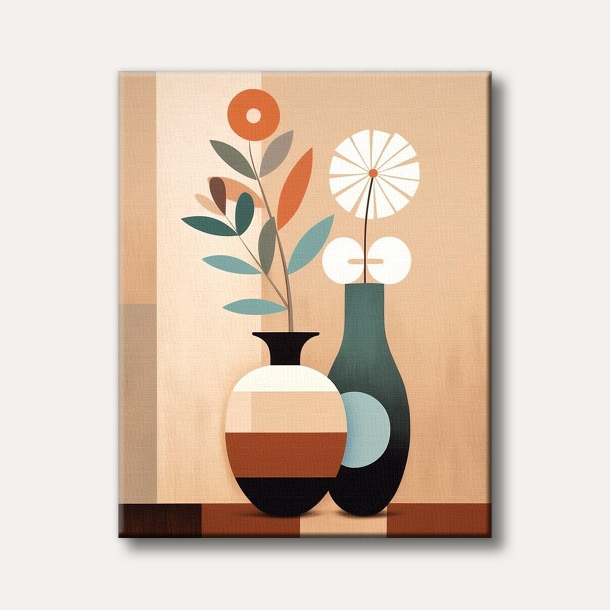 An abstract and minimalist artwork featuring two stylized vases holding geometric botanical elements, rendered in warm neutral tones with teal and orange accents.