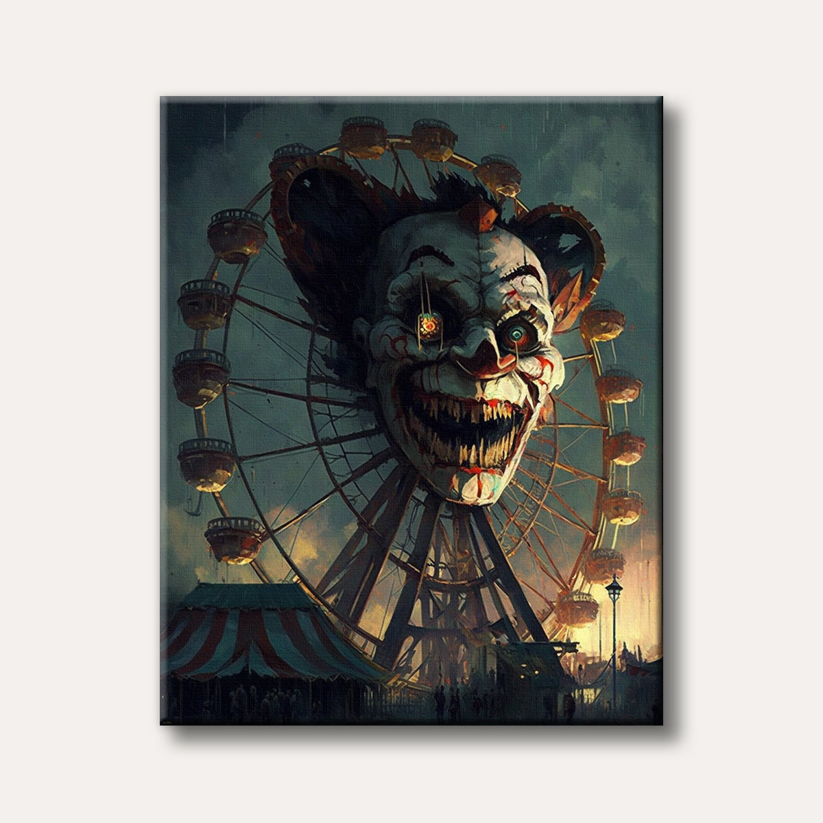 A massive, terrifying clown head with bloody teeth and glowing eyes integrated into a dilapidated Ferris wheel at a dark, ominous carnival, rendered in a horror art style.