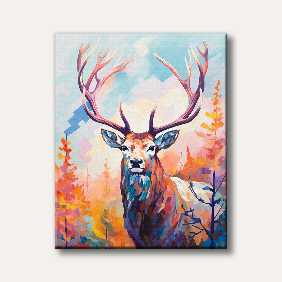 A vibrant, cubist-inspired painting of a majestic stag with large antlers standing in a colourful autumn forest, featuring bold brushstrokes and a bright palette.