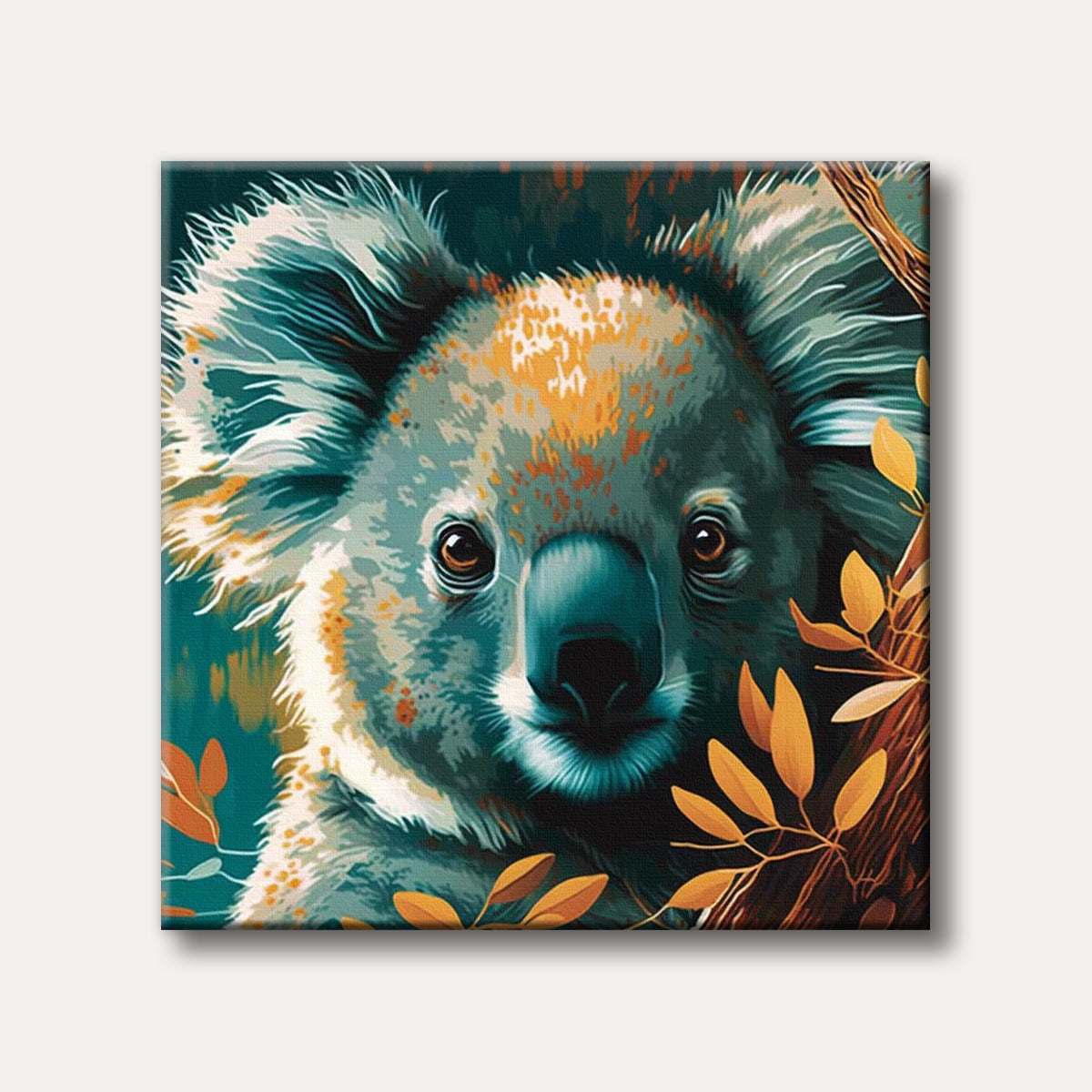 A vibrant and stylized close-up painting of a koala's face, featuring teal, grey, and orange brushstrokes, with the koala looking directly forward.