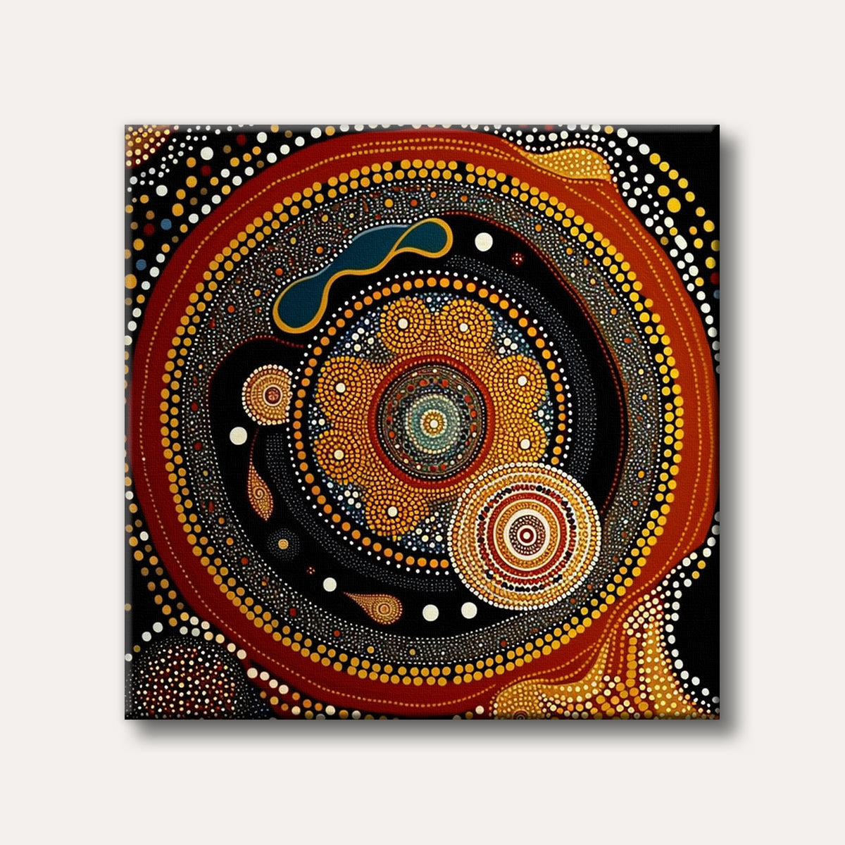 An intricate abstract painting in the style of Indigenous Australian dot art, featuring concentric circles and swirling patterns made from thousands of small, colourful dots on a black background, evoking a sense of cultural depth.