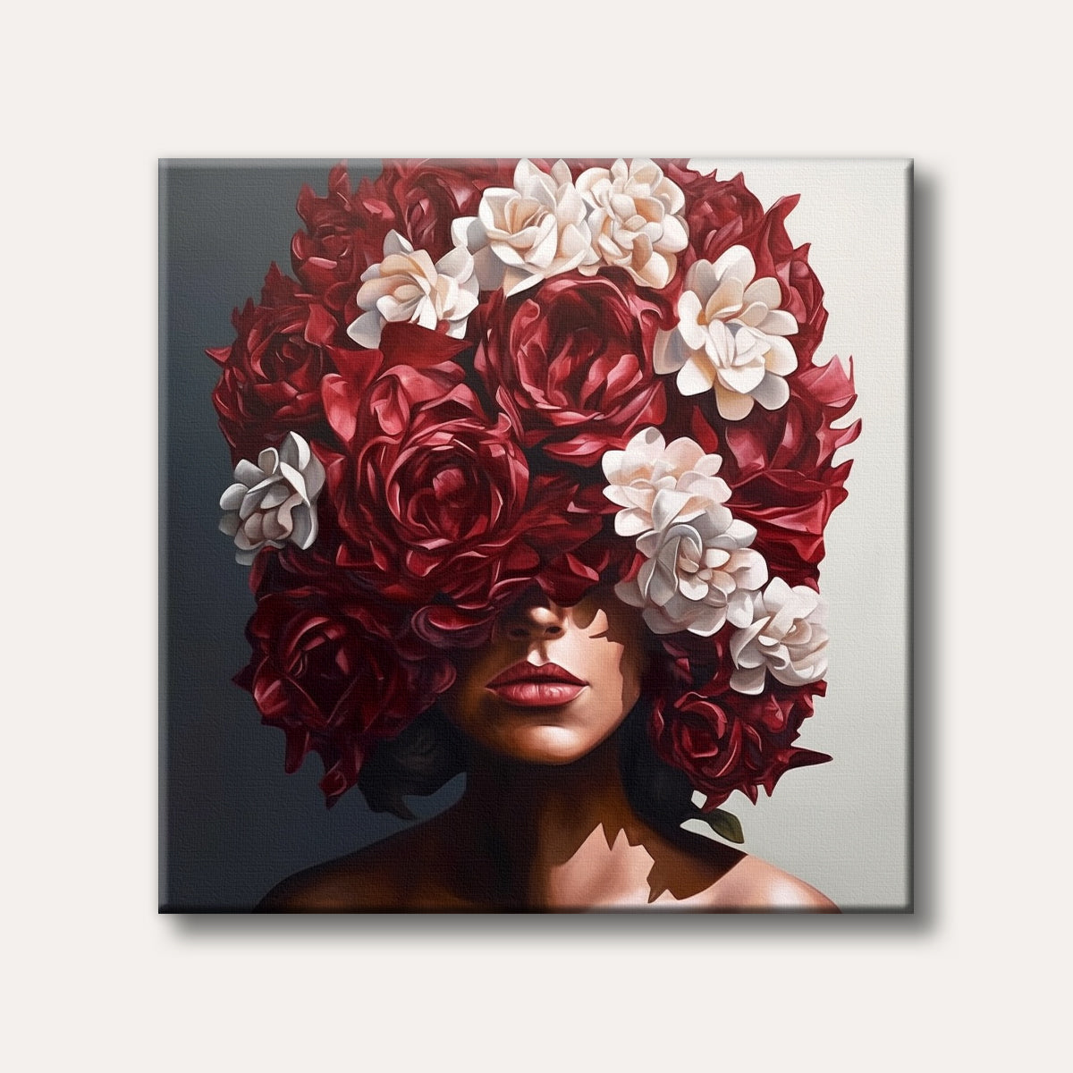 A contemporary painting showing a woman's face mostly obscured by a lavish arrangement of deep red roses and white blossoms, with her lips and chin subtly revealed in dramatic lighting.