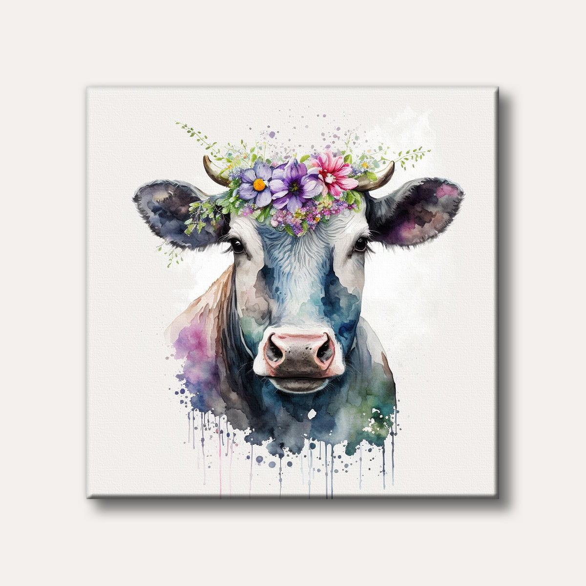 A watercolour painting of a cow's head facing forward, wearing a crown of purple, pink, and yellow flowers. The cow's fur is rendered in shades of blue, grey, and brown with watercolour splatters at the bottom, conveying a soft and whimsical style.