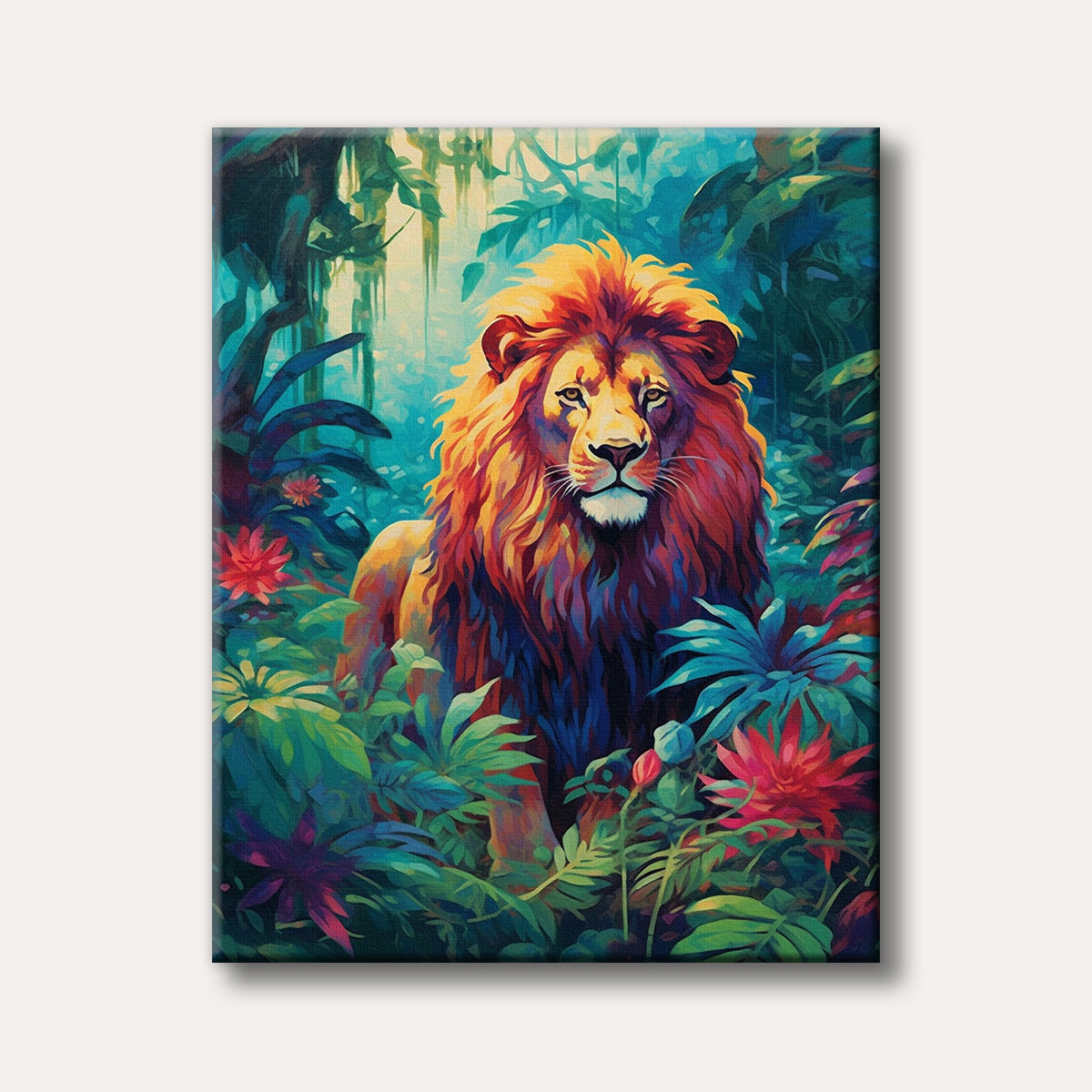 A majestic lion with a fiery, multi-coloured mane stands confidently in a lush, vibrant jungle, depicted in a highly stylized and colourful painting.