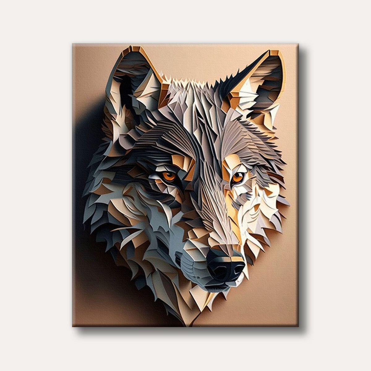 A visually striking wolf head rendered in a layered, geometric art style, featuring shades of gray, beige, and brown, with intense orange eyes against a light background.
