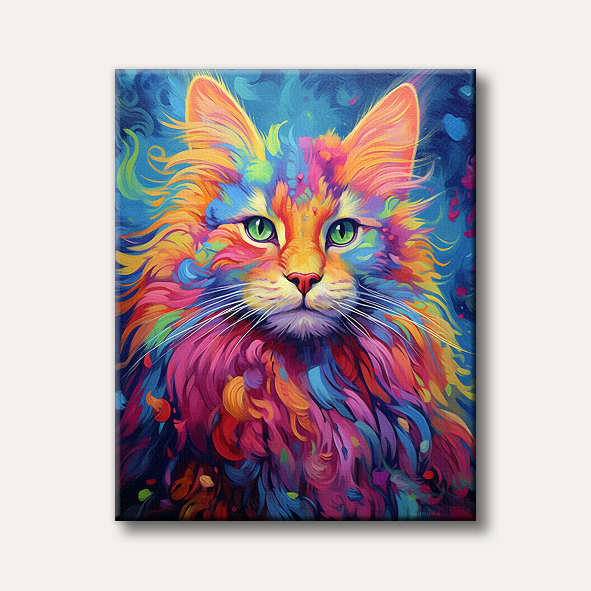 A close-up, vibrant painting of a cat with multi-coloured fur and striking green eyes, rendered in an expressive, painterly style.