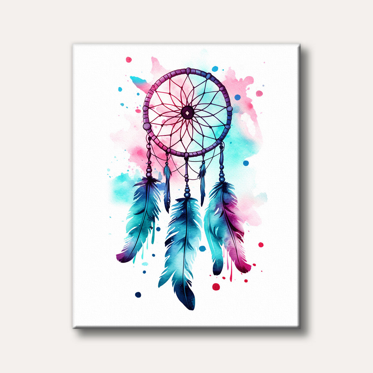 A vibrant watercolour dream catcher illustration with blue, pink, and purple feathers and an intricate web, surrounded by expressive paint splatters.