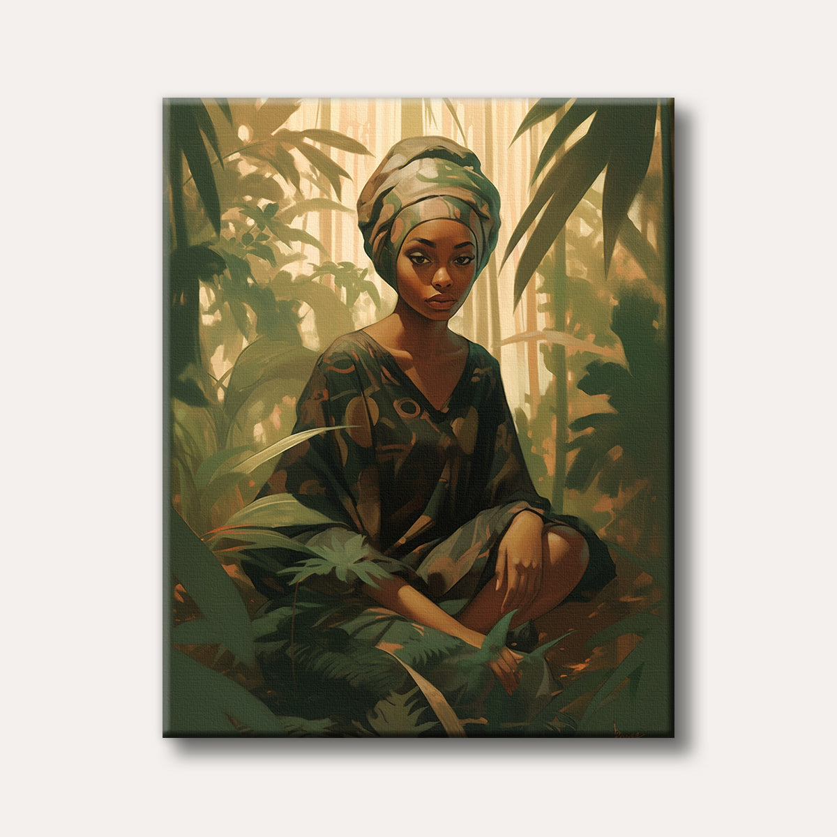 A captivating portrait of a woman wearing a patterned headwrap and dress, seated amidst dense green jungle foliage with soft, warm light.