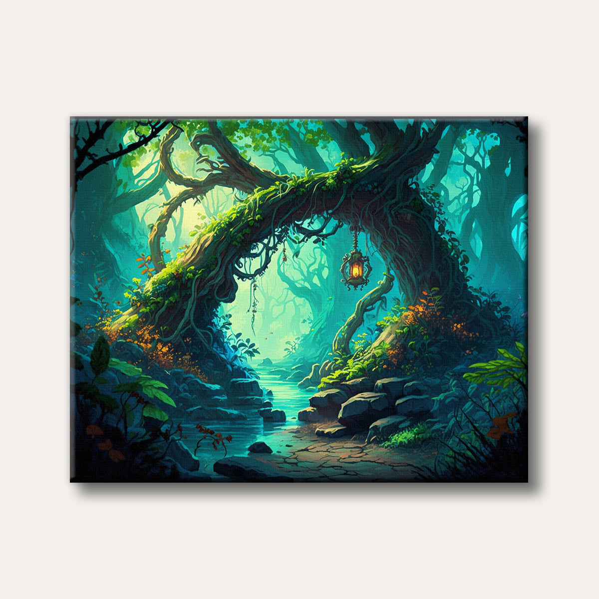 A vibrant fantasy art scene depicting a mysterious, glowing lantern hanging from an ancient, gnarled tree in an enchanted forest with a stream, rendered in rich blues and greens.