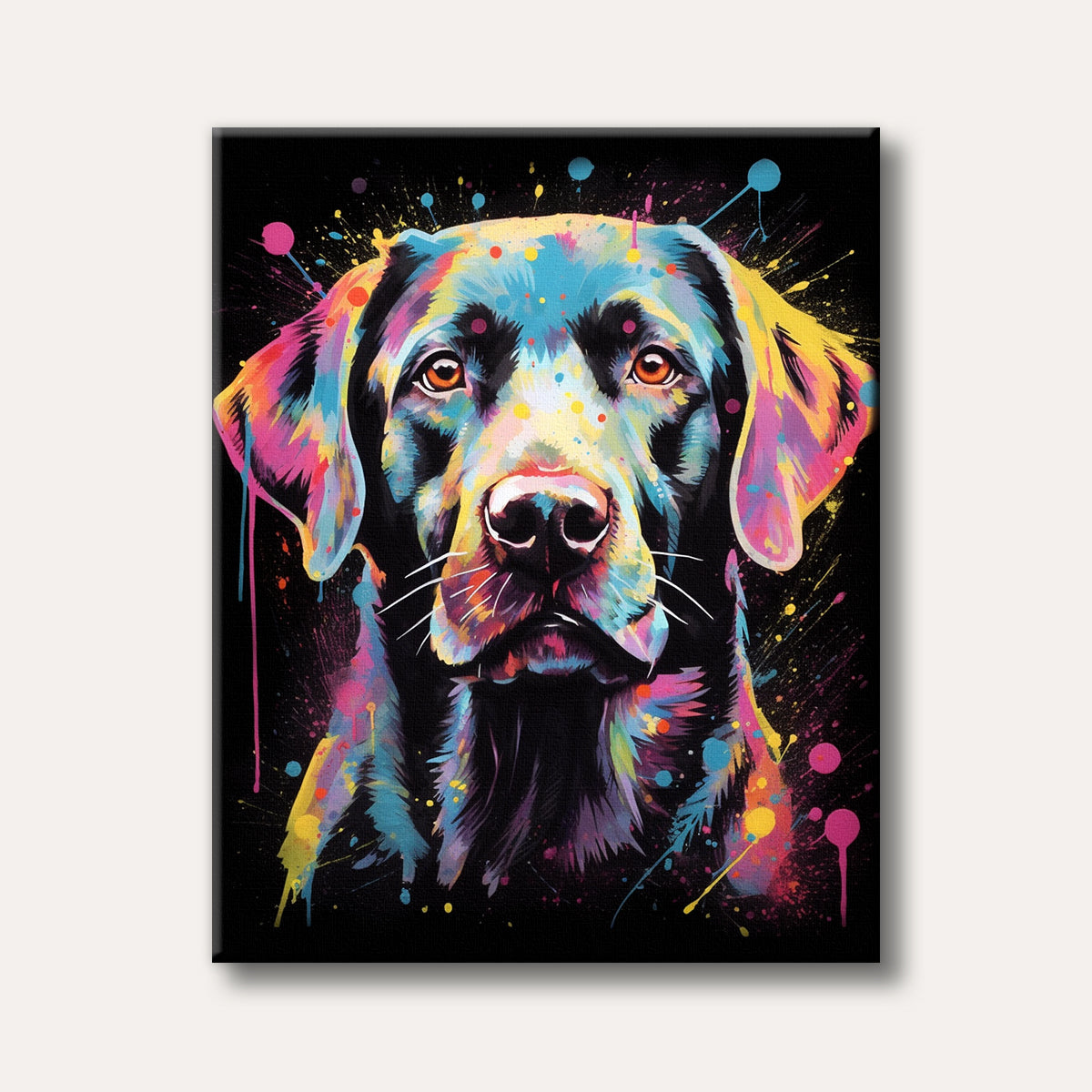 A close-up of a black Labrador's face rendered in a vibrant, multi-coloured paint splash and drip art style on a black background, conveying a lively and artistic mood.