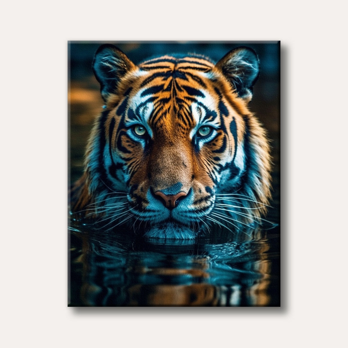 A close-up, striking portrait of a tiger partially submerged in dark water, featuring vibrant orange and black stripes with cool blue highlights and piercing green eyes, painted in a realistic and powerful style.