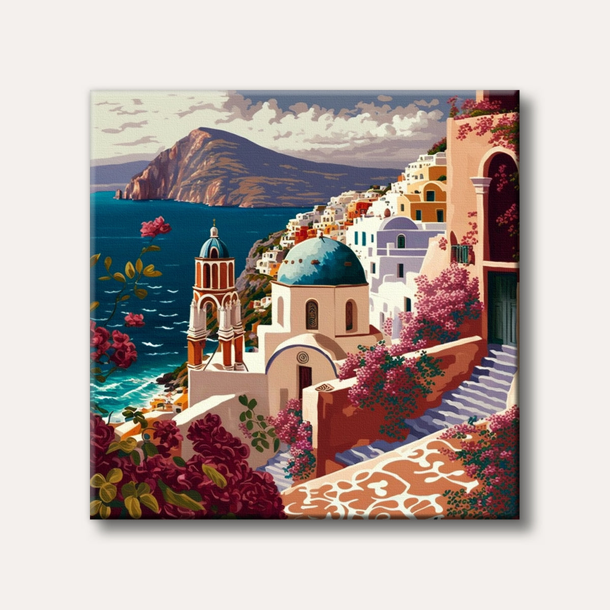A vibrant painting depicting the iconic white and blue buildings of a Greek island village cascading down a cliffside, adorned with pink bougainvillea and overlooking the deep blue Aegean Sea, in a stylized art style.