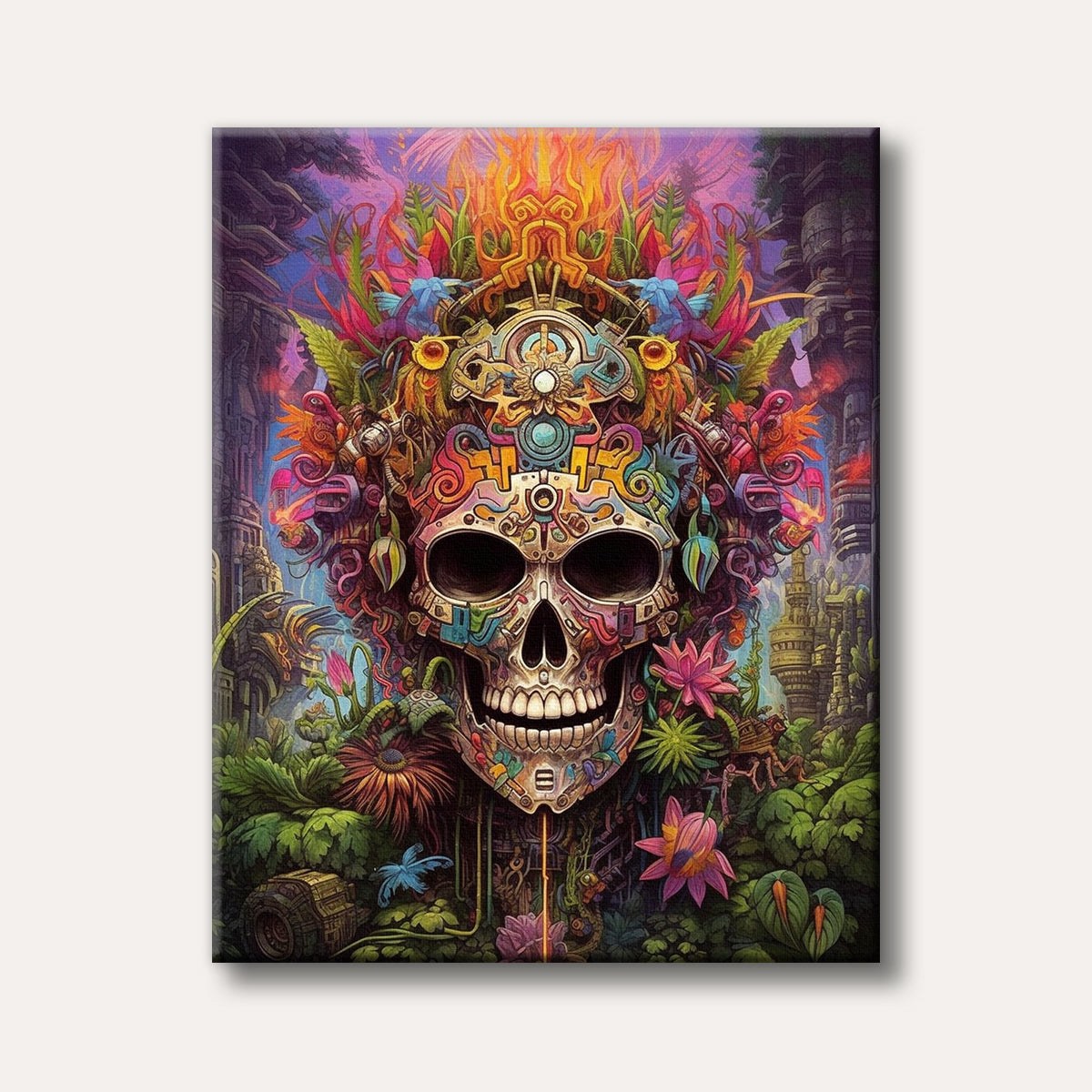 A vibrantly coloured, intricately decorated skull emerges from lush, fantastical foliage and structures in a psychedelic art style, conveying a mystical and vibrant mood.
