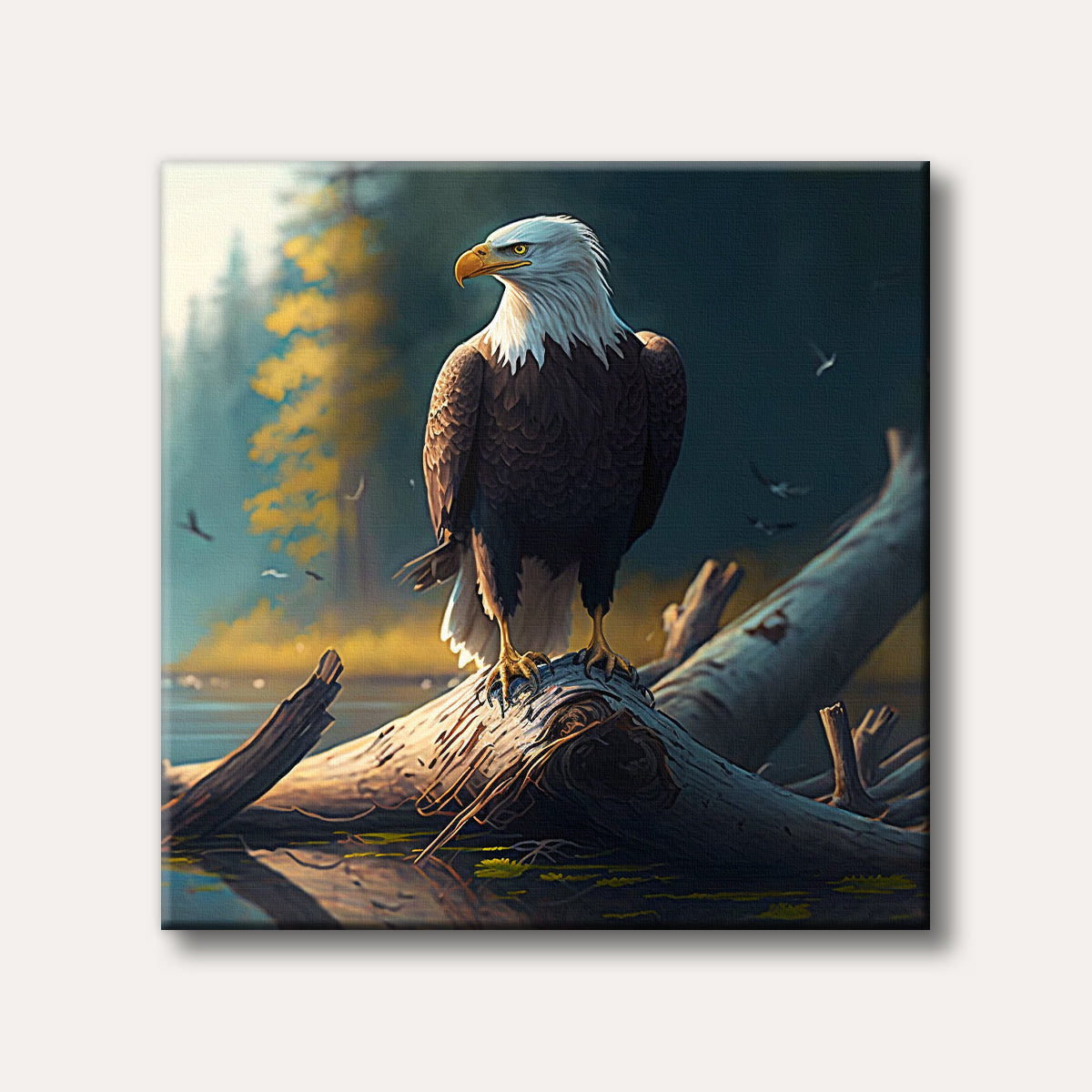 A majestic bald eagle with white head and brown body stands on a large weathered log in calm water, depicted in a realistic painting style with warm golden forest light.