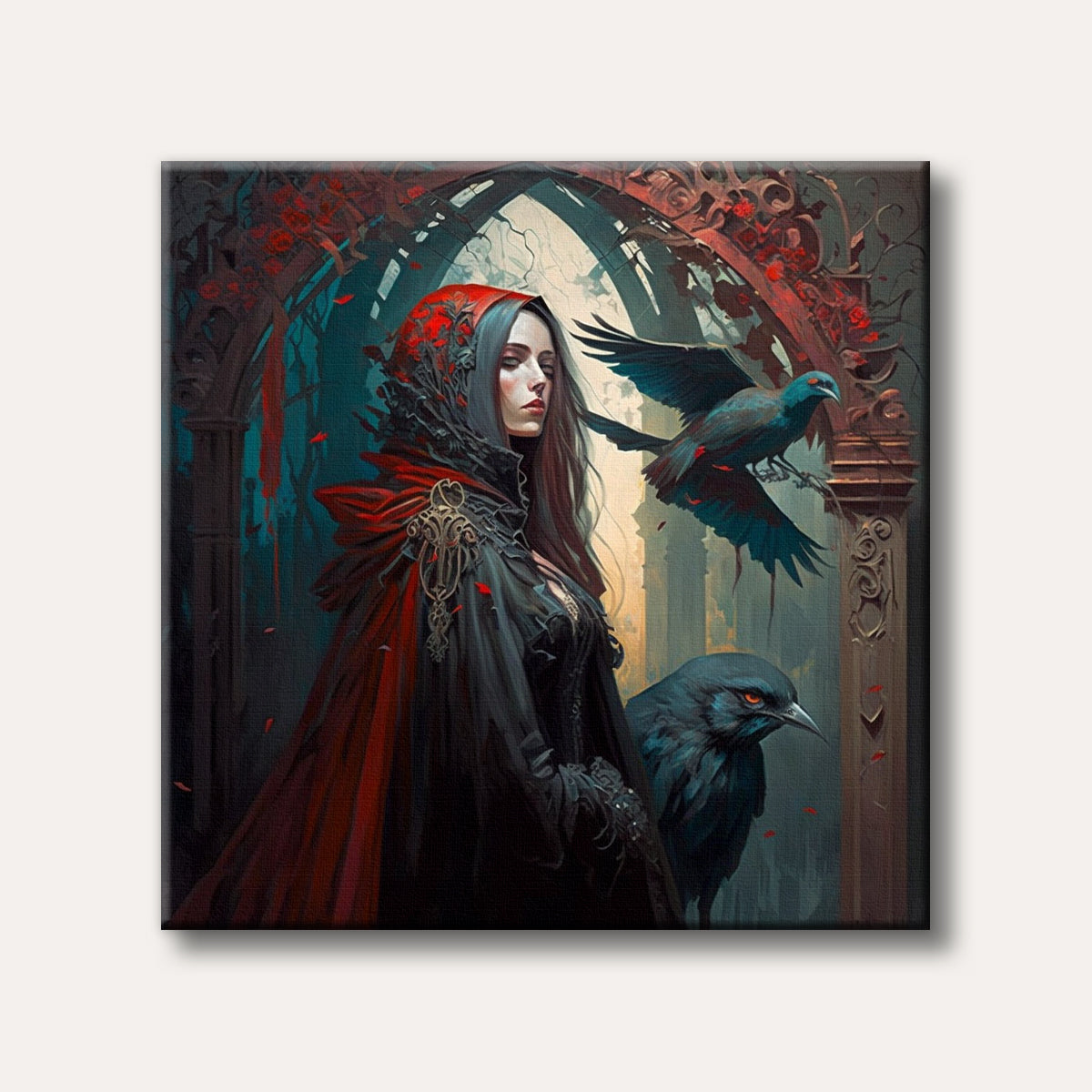 A mysterious woman in a black gown and red hooded cloak stands with two dark ravens under a gothic archway, depicted in a dark fantasy art style.