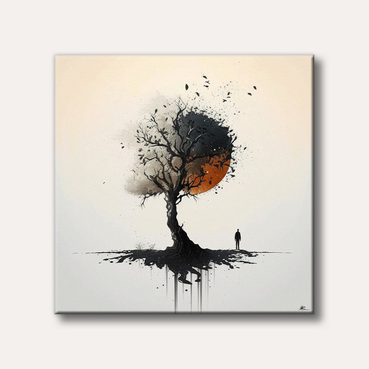 An abstract painting featuring a dark, gnarled tree with prominent roots, splatters of black and orange forming a circle behind it, and a small, solitary human figure observing the scene in a minimalist style.