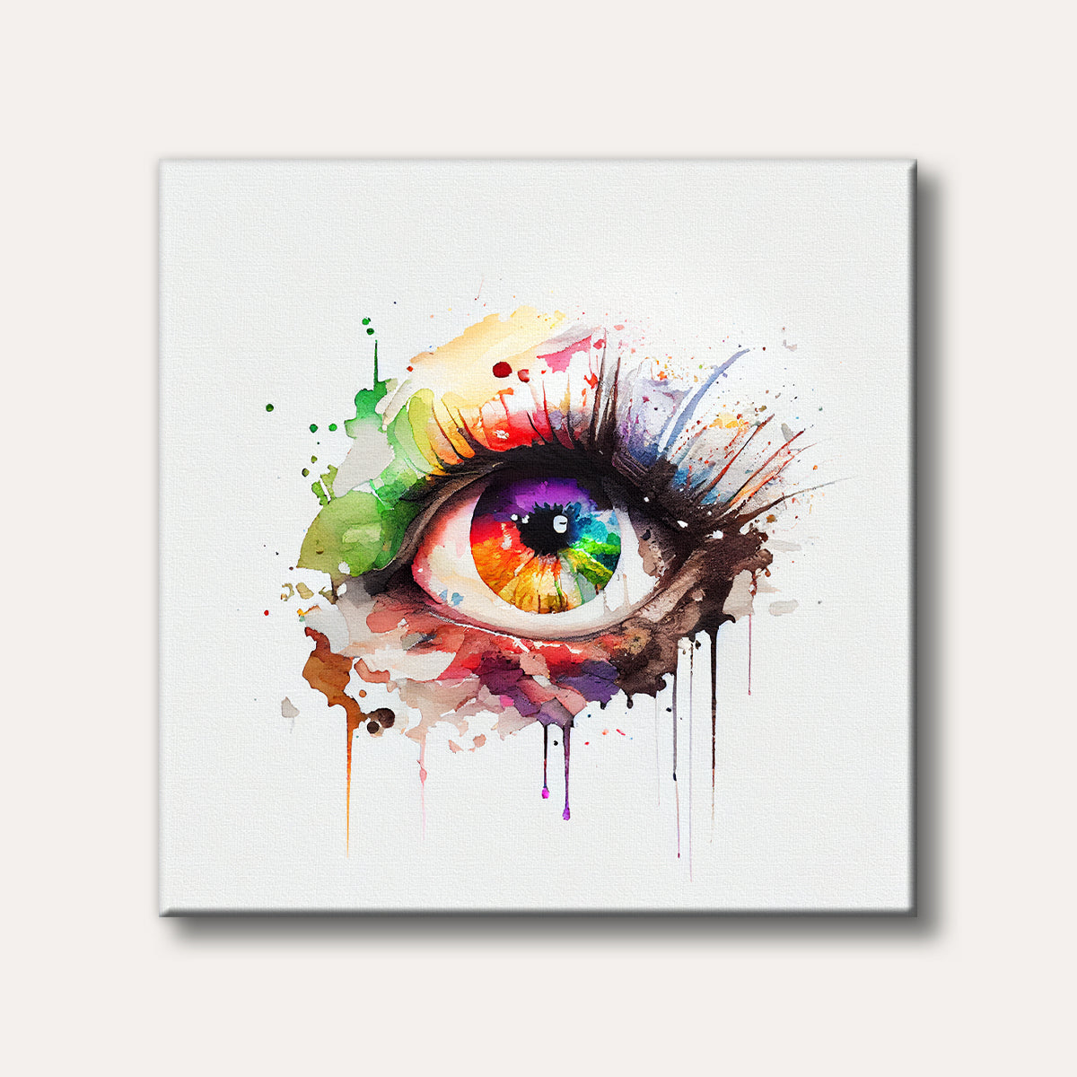 A vibrant watercolour painting of a human eye with a rainbow-coloured iris, surrounded by expressive paint splatters and drips on a white background.