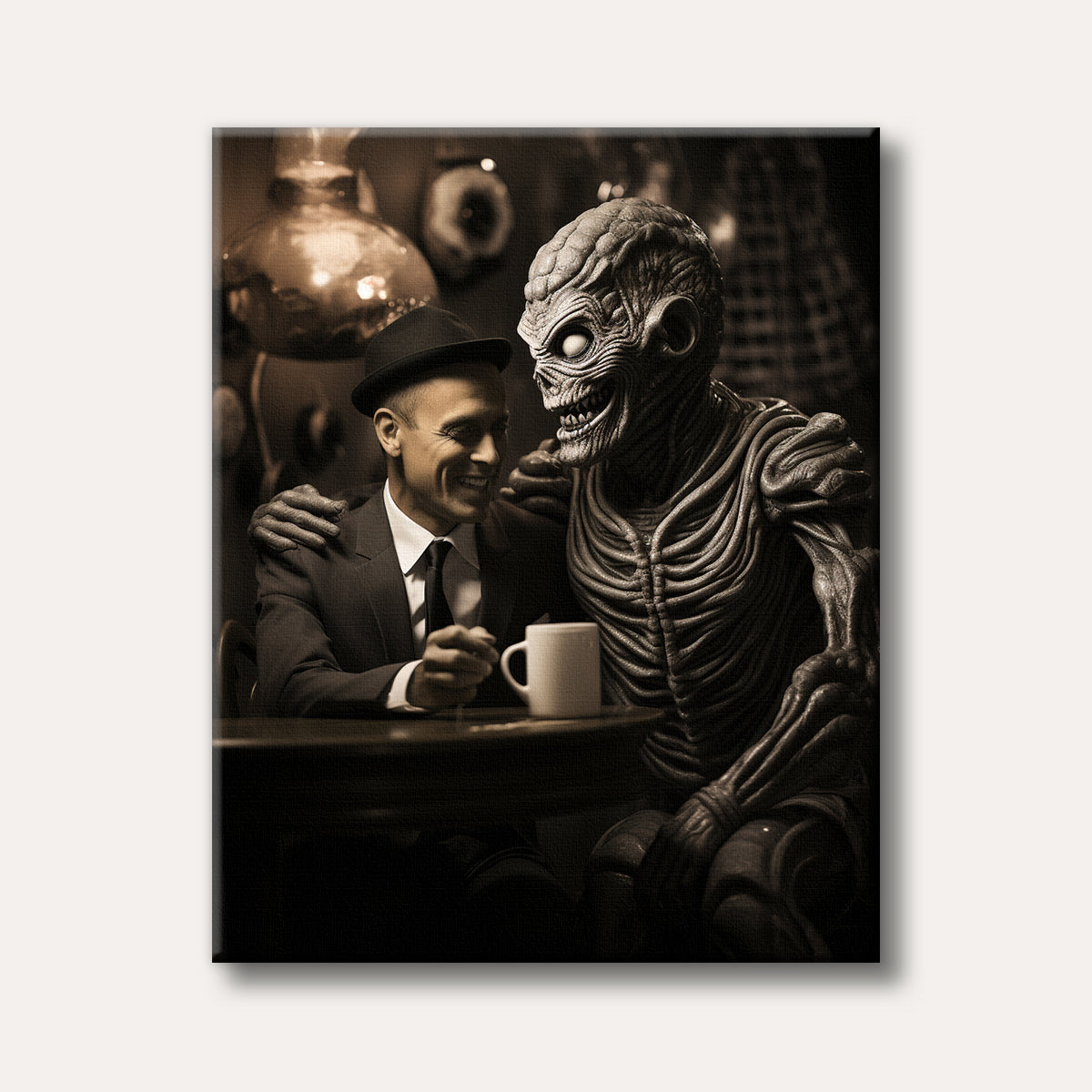 A man in a suit and a skeletal creature with large eyes sit at a table sharing a coffee, rendered in a realistic, sepia-toned style, conveying an unusual friendship.