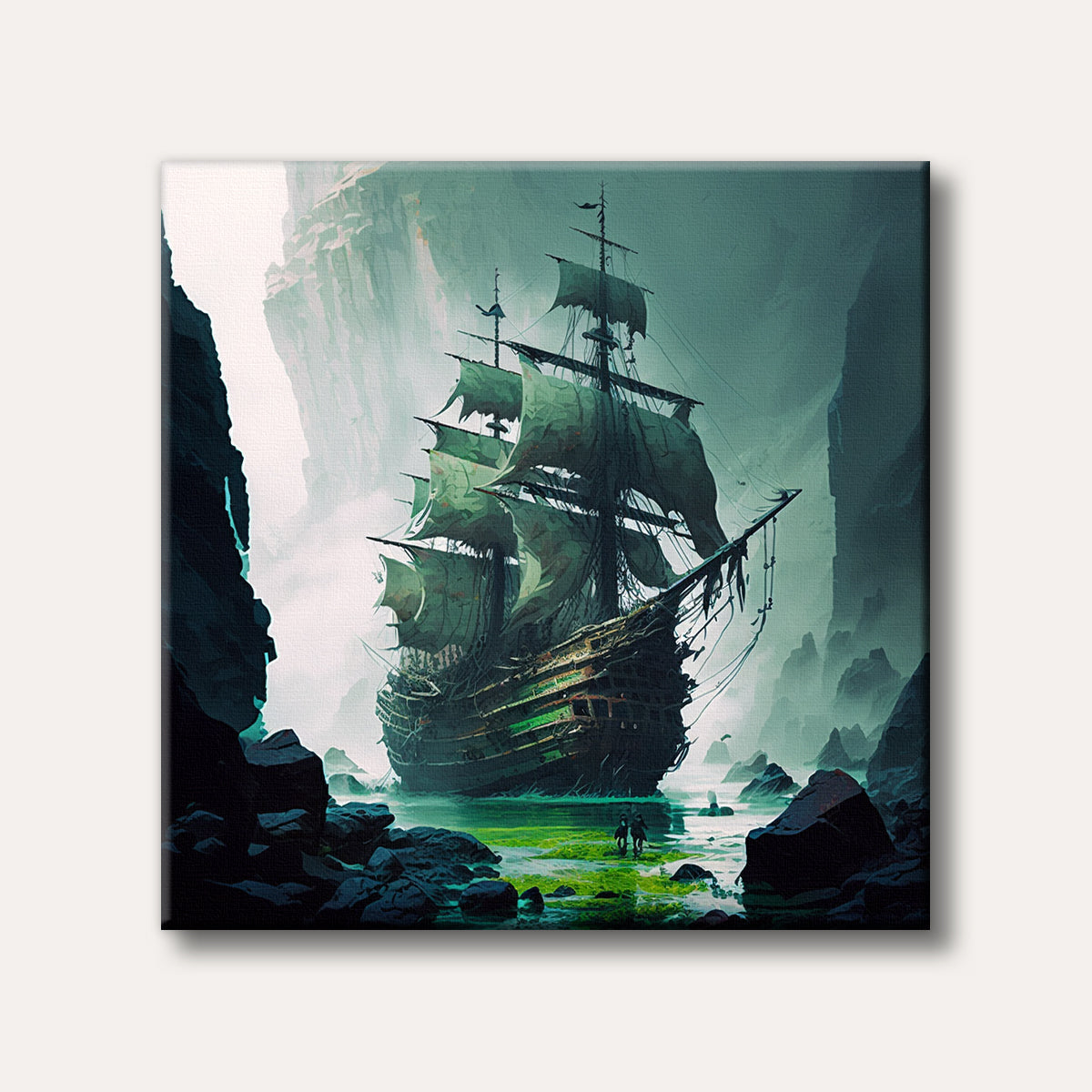 A ghostly, tattered sailing ship looms in a mystical, misty green cove surrounded by dark, towering rock formations, depicted in a dramatic digital painting style.