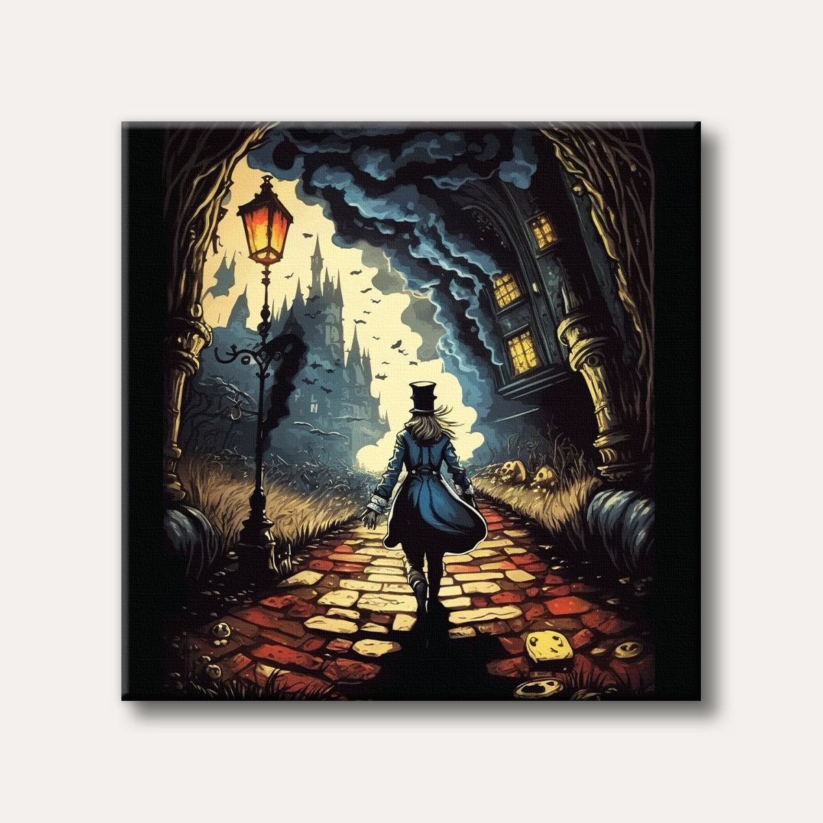 An illustration of a person in a top hat and coat walking on a cobblestone path towards a spooky gothic castle under a dark sky, depicted in a whimsical dark fantasy style.