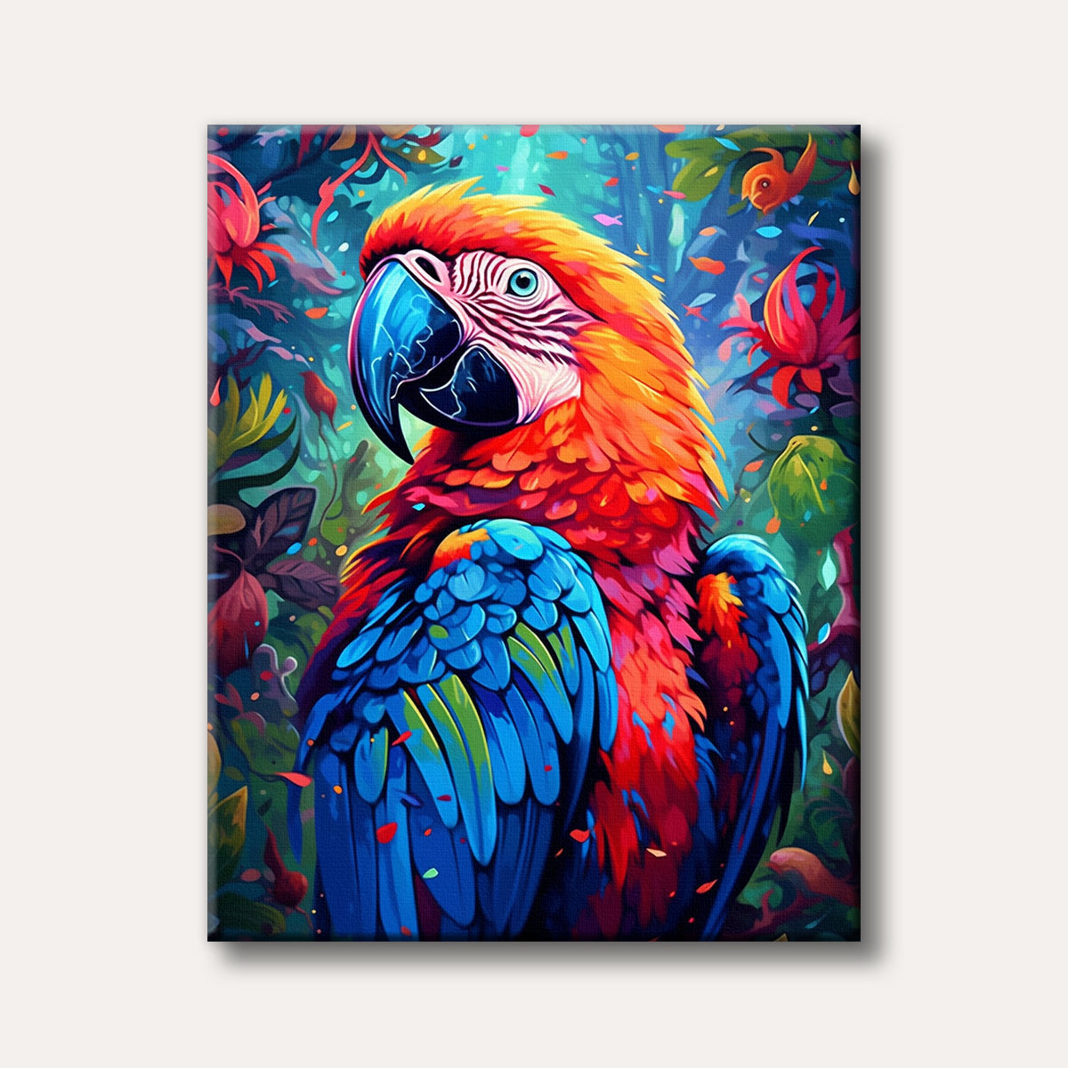 A vibrant, colourful parrot with red, blue, and yellow feathers in a lush green jungle, depicted in a modern, illustrative style.