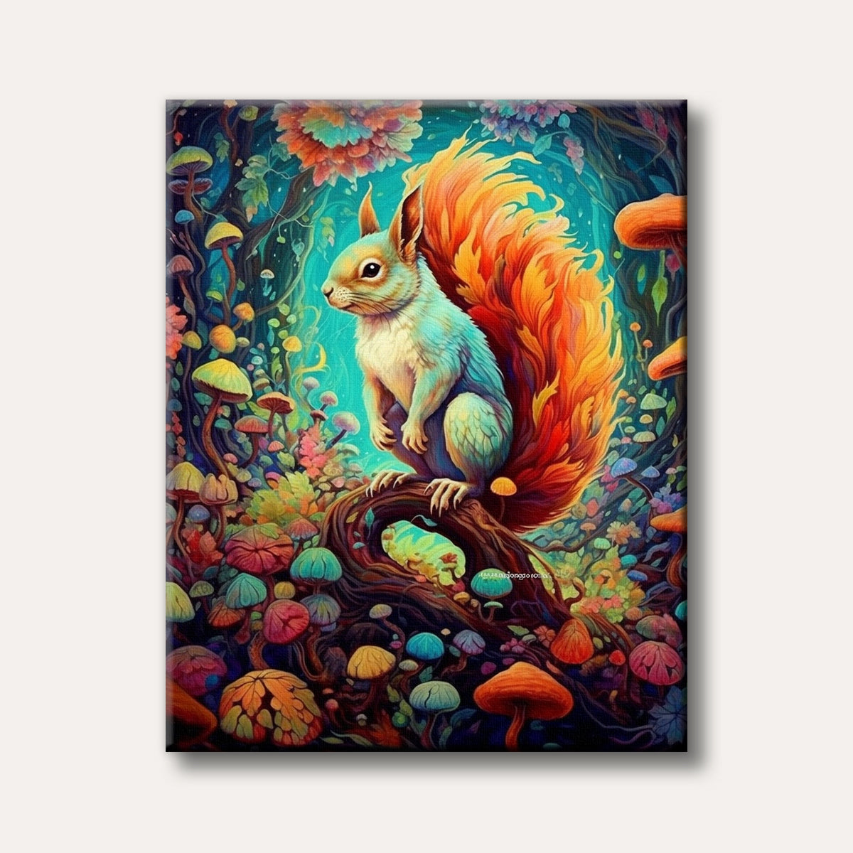 A vibrant fantasy painting of a light blue squirrel with a fiery orange tail perched on a branch amidst a whimsical forest filled with colourful mushrooms and glowing flora.