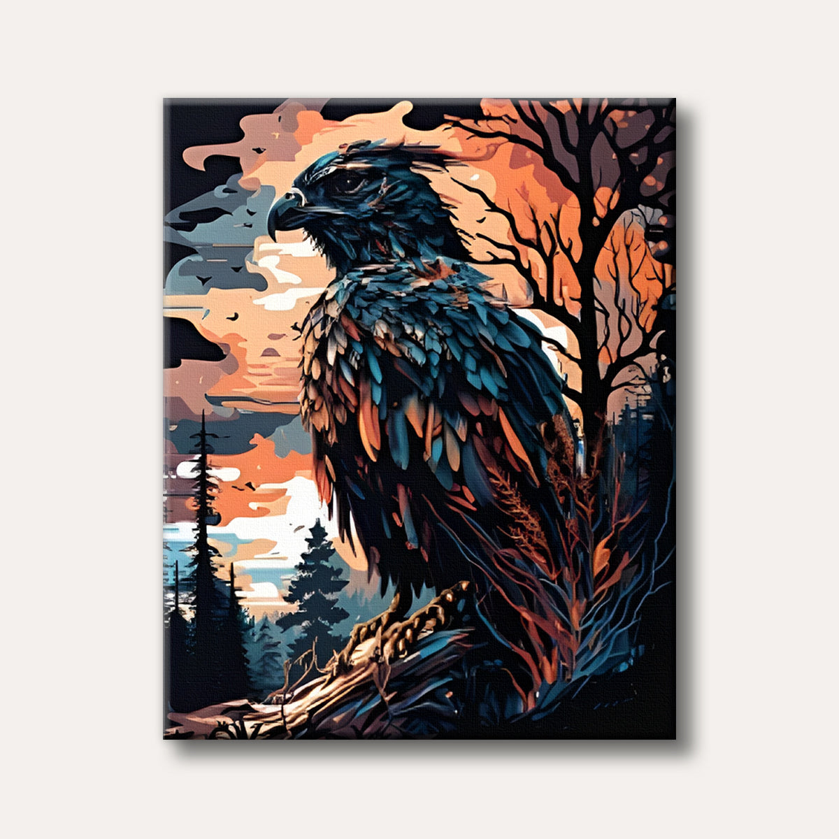 A stylized depiction of a majestic eagle perched in a forest with an orange and blue sunset sky, featuring bold, blocky colours.