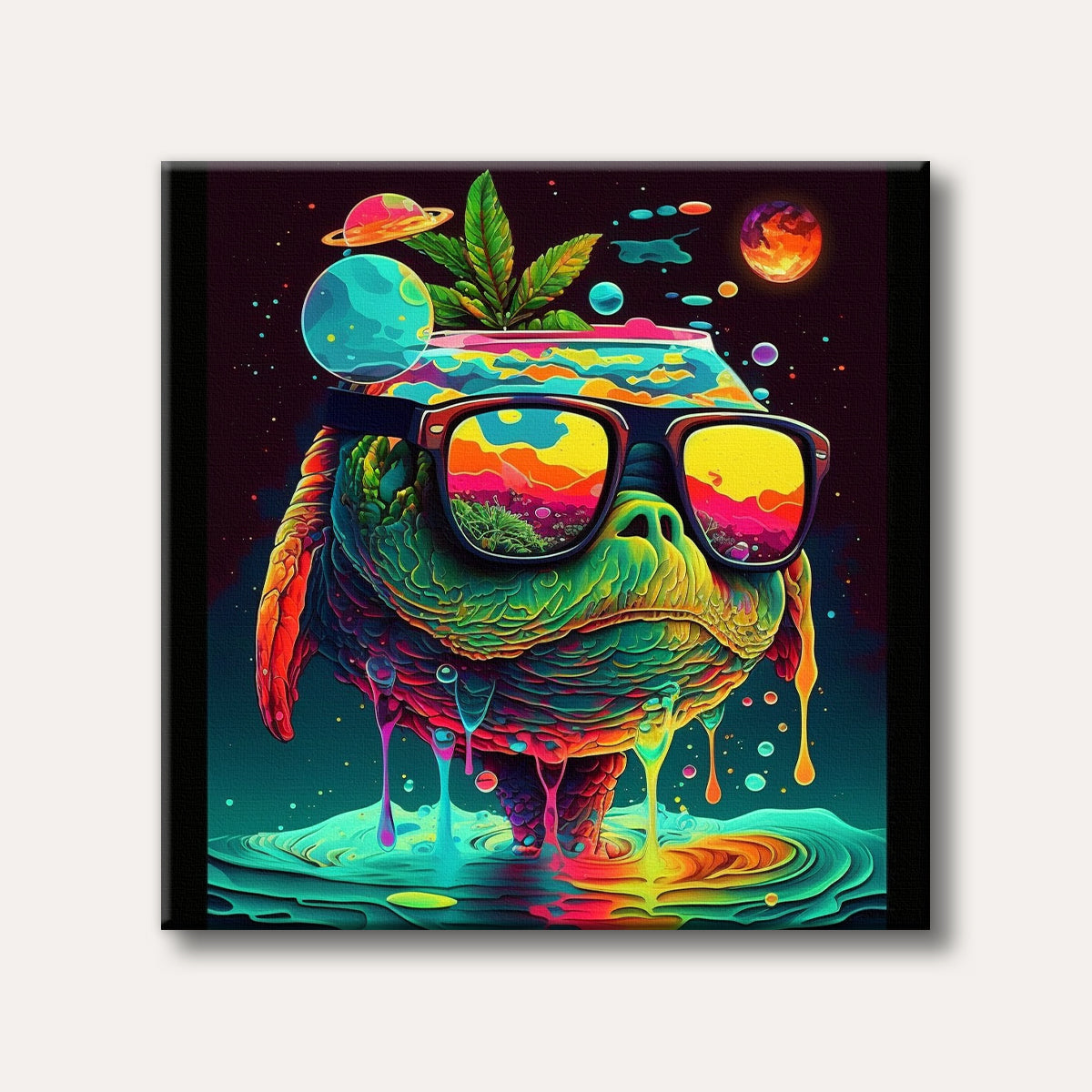 A vibrant, psychedelic frog-like creature wearing sunglasses, melting into a colourful puddle with cannabis leaves and cosmic elements in the background, rendered in a highly detailed, surreal style.