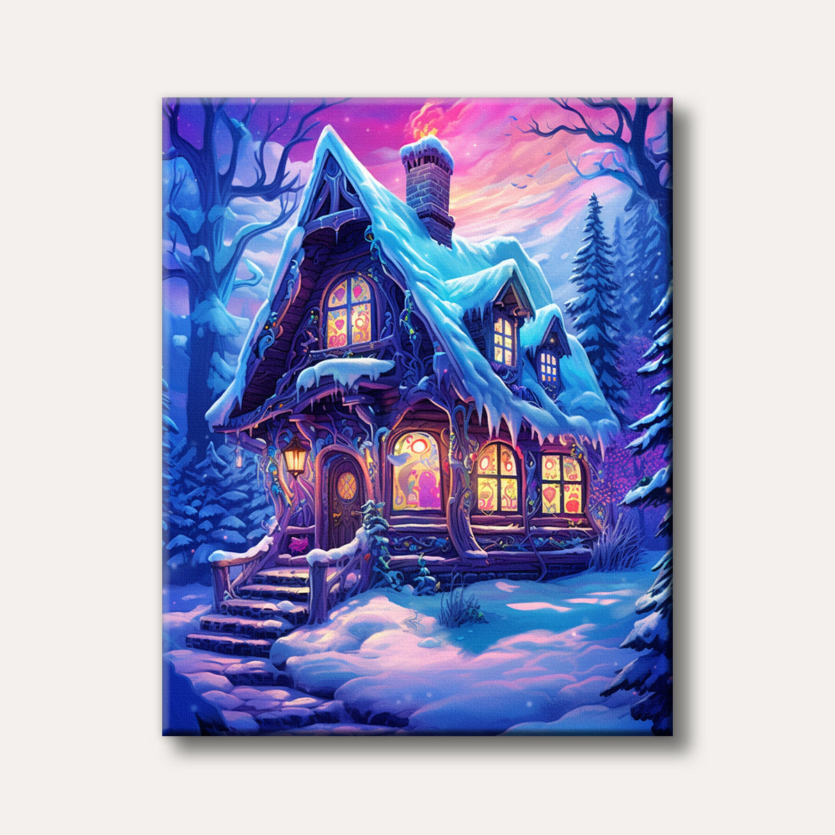 A whimsical, snow-covered cottage with glowing windows sits in a vibrant, purple and pink winter forest under a starry sky, depicted in a fantasy art style.