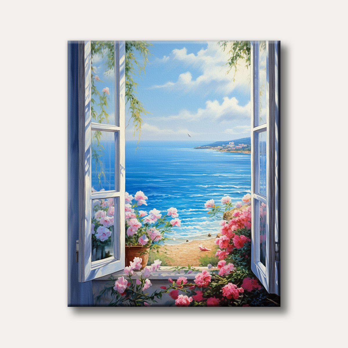 A vibrant painting of an open window overlooking a bright blue Mediterranean sea and coastline, adorned with abundant pink and red flowers, in a sunny and inviting style.