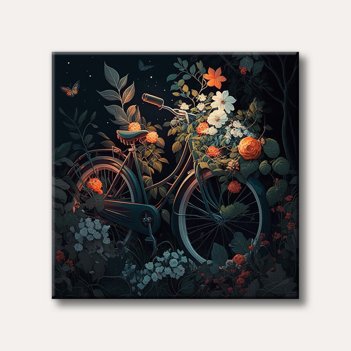 A vintage bicycle overflowing with vibrant orange and white flowers and green foliage, set in a dark, dreamlike garden with subtle butterflies and glowing details, rendered in an illustrative style.