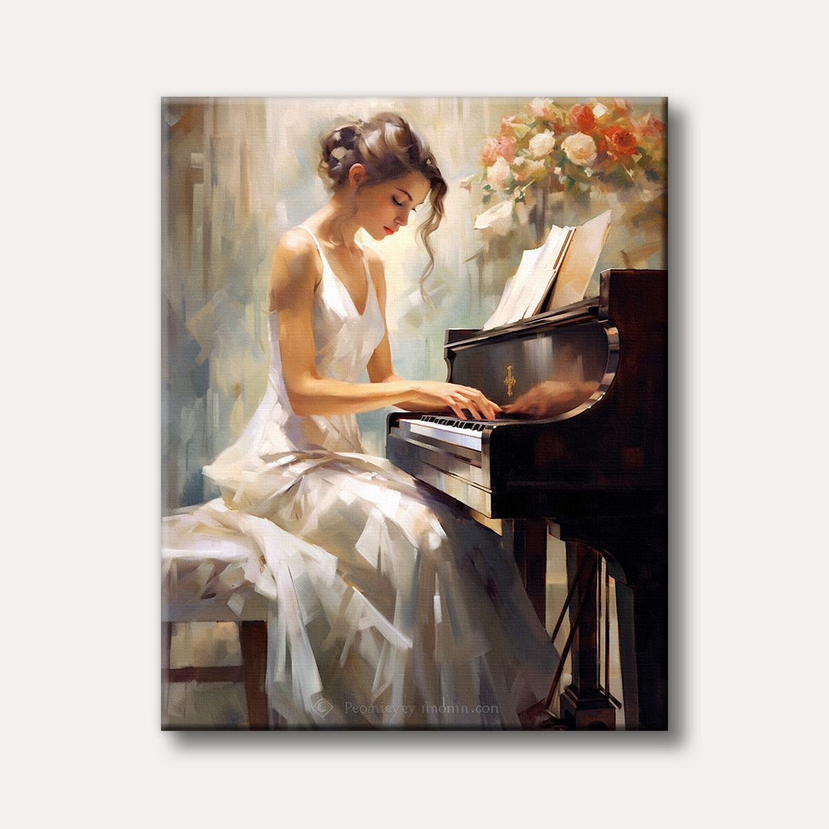 An elegant woman in a white dress plays a grand piano, depicted in an impressionistic style with soft lighting and a serene atmosphere.