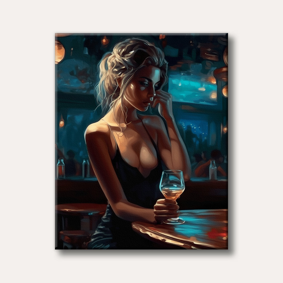 An artistic painting of a beautiful woman with blonde hair sitting at a bar, holding a glass, with a moody blue and orange lighting.