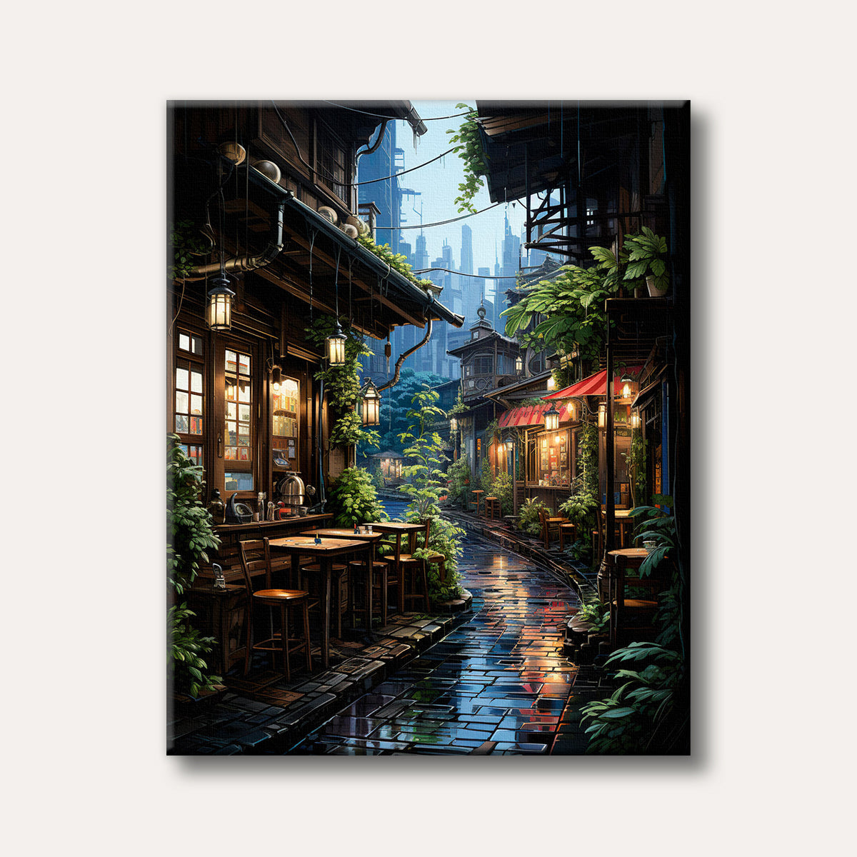 A richly detailed painting of a narrow, wet urban alley illuminated by warm glowing lanterns, flanked by traditional buildings with lush green foliage, leading towards a modern city skyline in the distance, depicted in a highly atmospheric style.