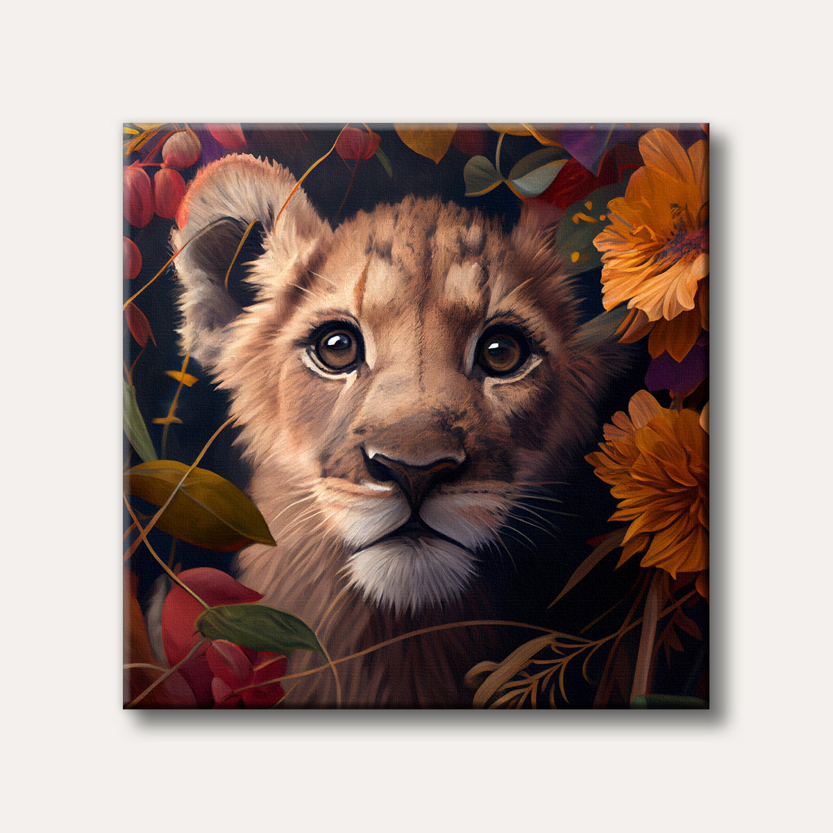 A close-up digital painting of a curious lion cub with large eyes, surrounded by lush orange and red foliage, in a warm and enchanting style.