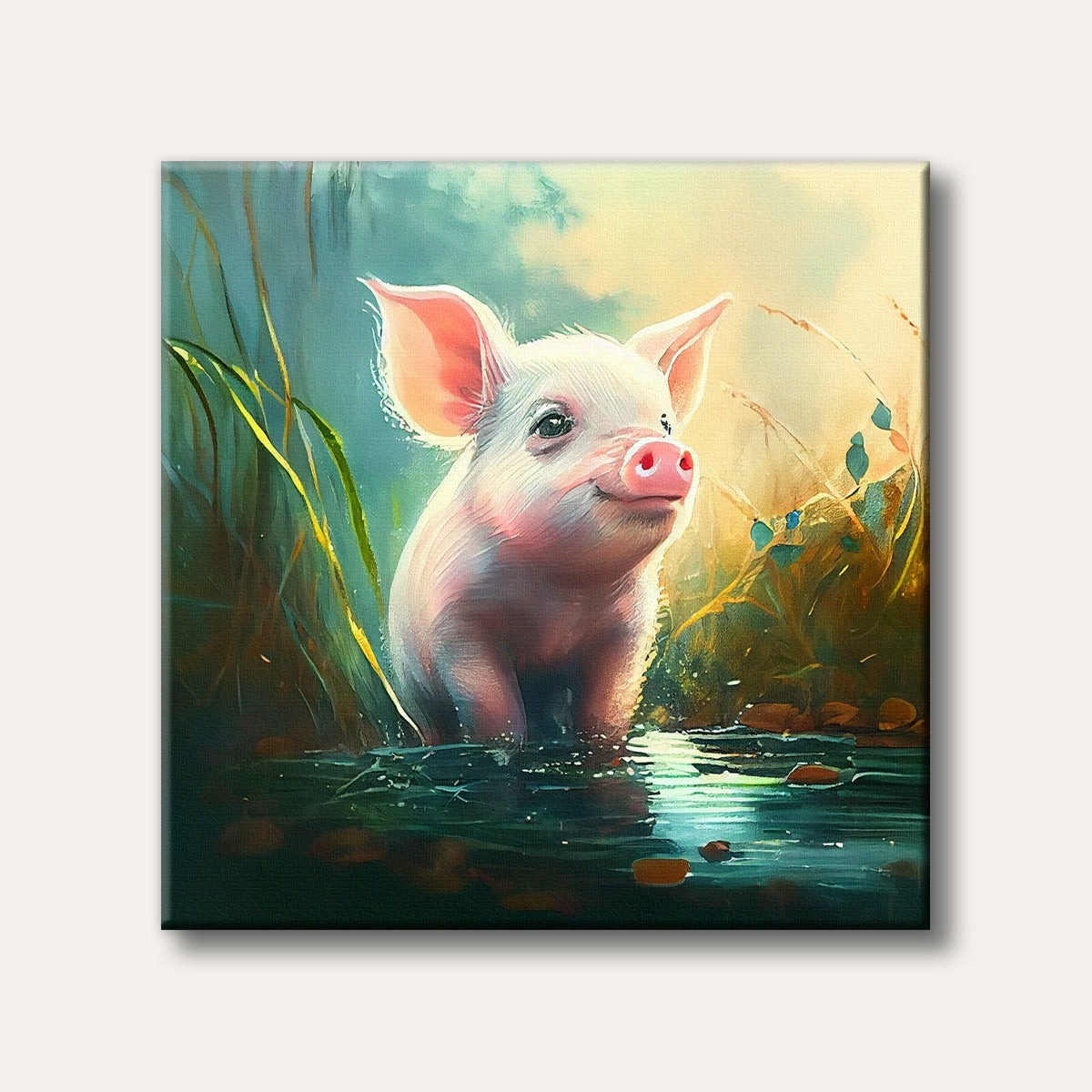 A cheerful piglet stands in shallow water surrounded by reeds, illuminated by a warm, glowing light in a painterly style.