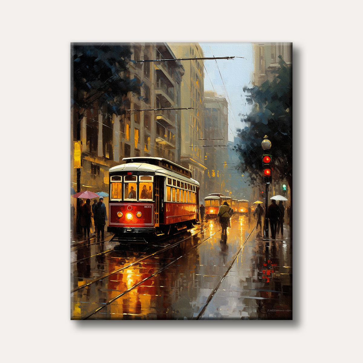 An impressionistic painting of a red tram traveling down a wet city street at night, with warm lights reflecting on the rainy pavement and people walking under umbrellas.