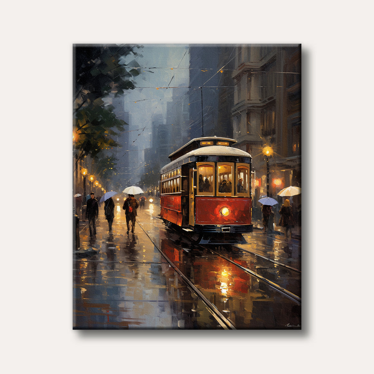 An impressionistic painting of a vibrant red streetcar on a wet city street at night, with glowing reflections from streetlights and pedestrians under umbrellas, evoking a moody urban atmosphere.