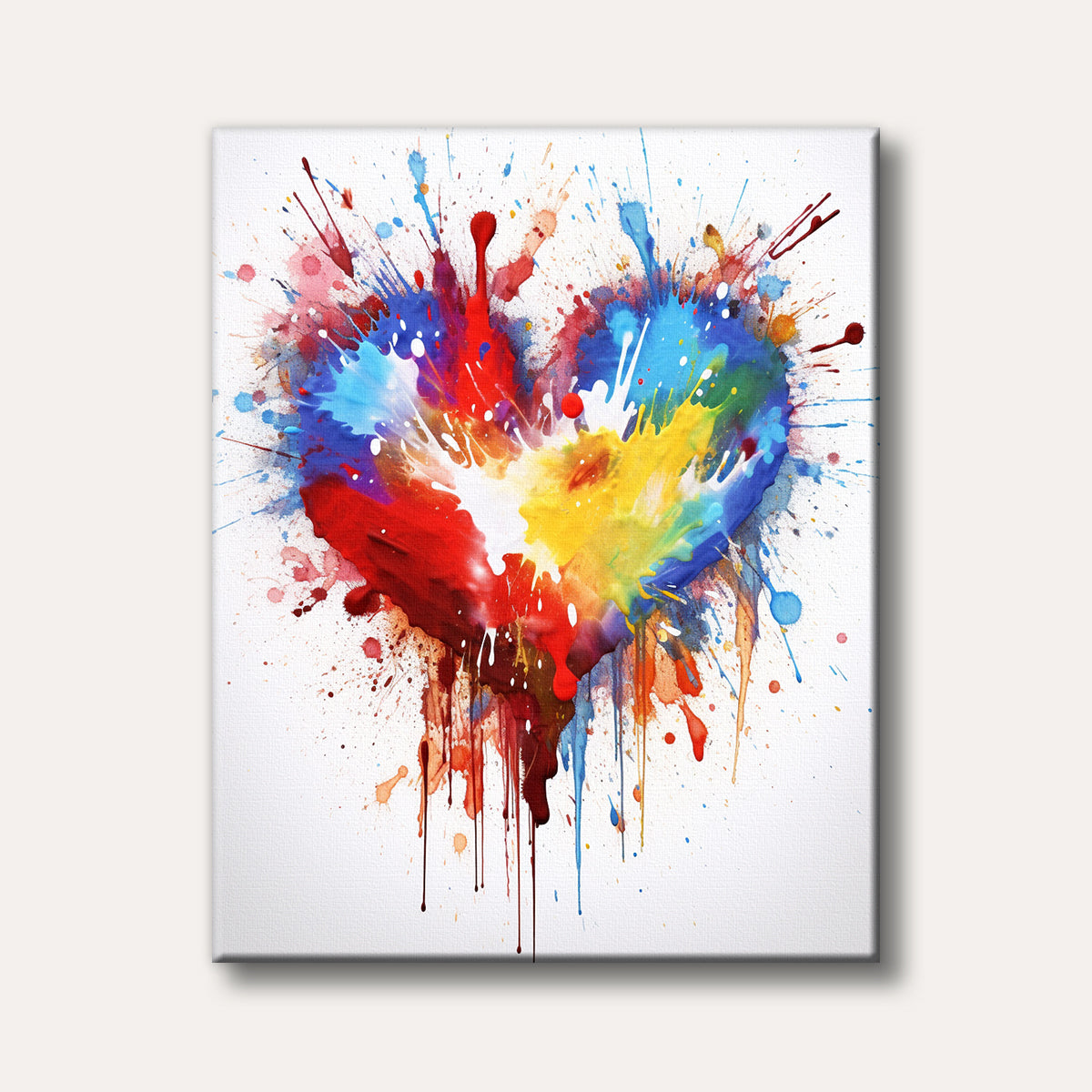 A vibrant heart shape formed by an explosion of red, blue, yellow, and green paint splashes and drips on a white background, in an abstract and expressive style.