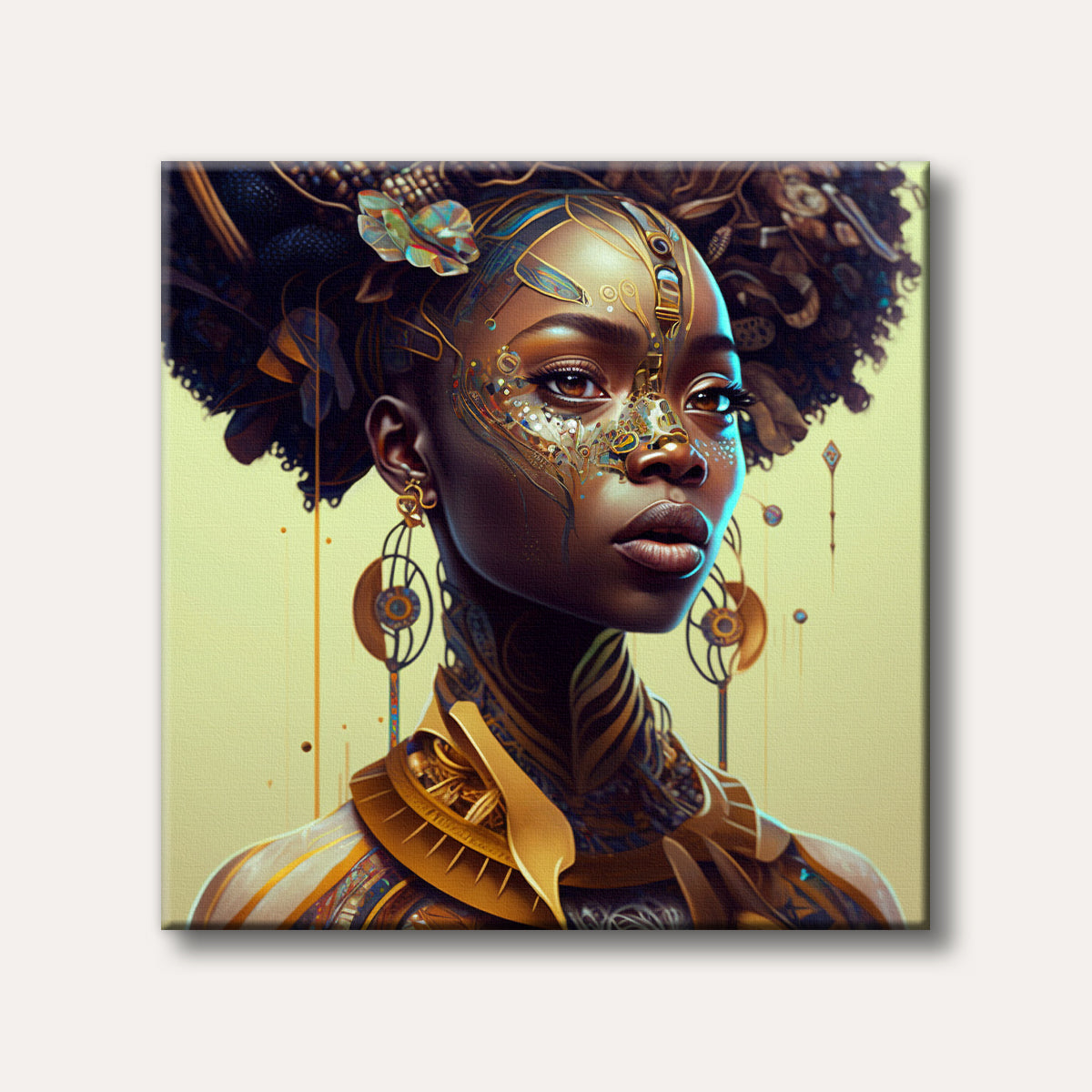 A captivating Afrofuturistic portrait of a woman with dark skin adorned in intricate golden, blue, and bronze patterns, presented in a highly detailed artistic style.